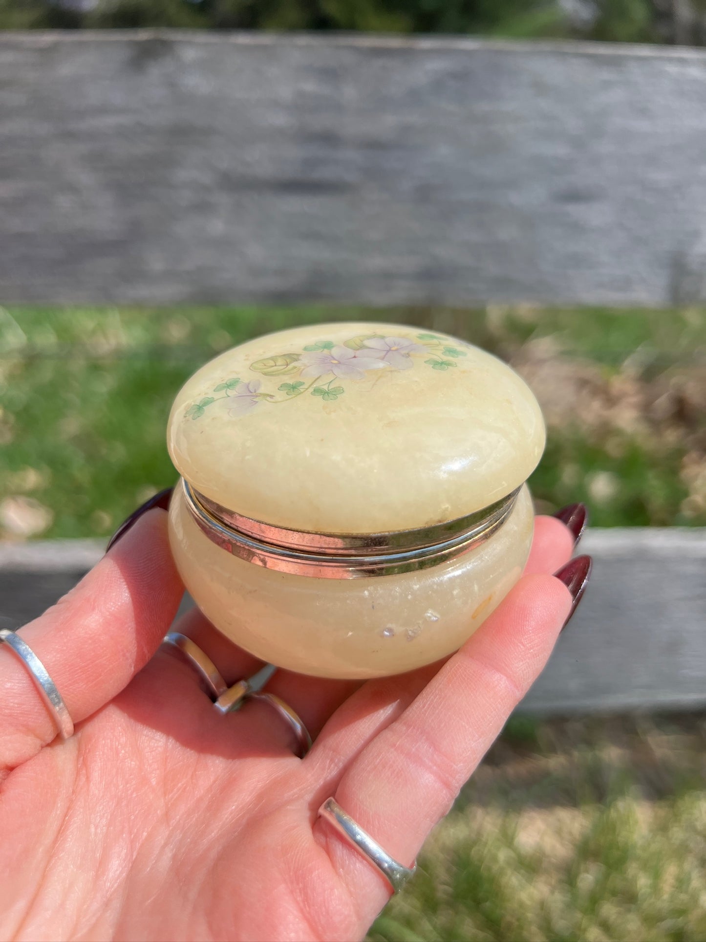 Vintage 1950s Alabaster Carved Floral Trinket Box