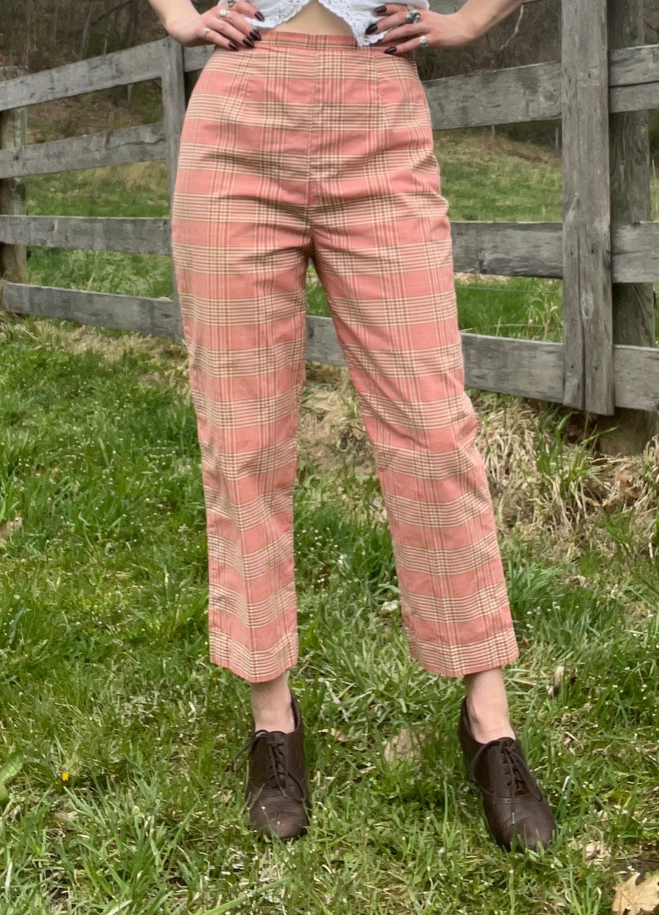 Vintage Red Plaid Cotton Cropped Pants | Waist 28”
