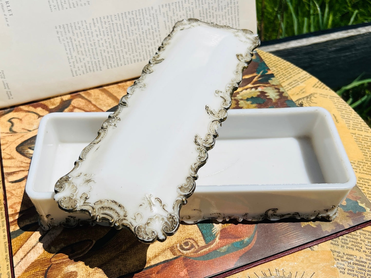 Antique 1900s Ditherage Co. Victorian Milk Glass Filigree Hand-Painted Dresser Box