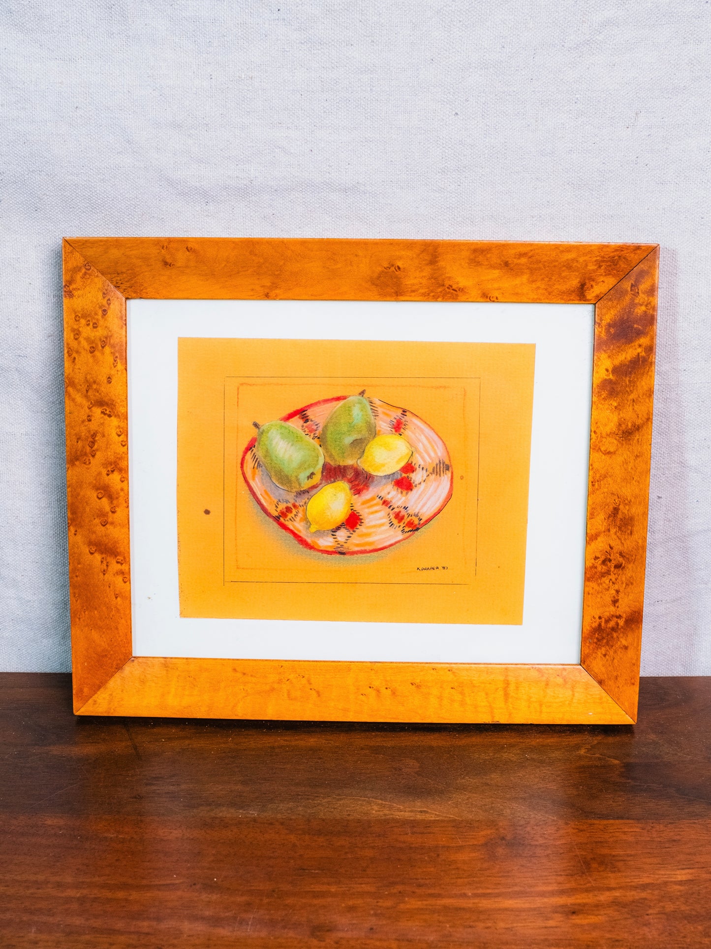 Vintage 1987 Framed "Bowl of Fruit" Southwestern Oil Pastel Drawing | Signed