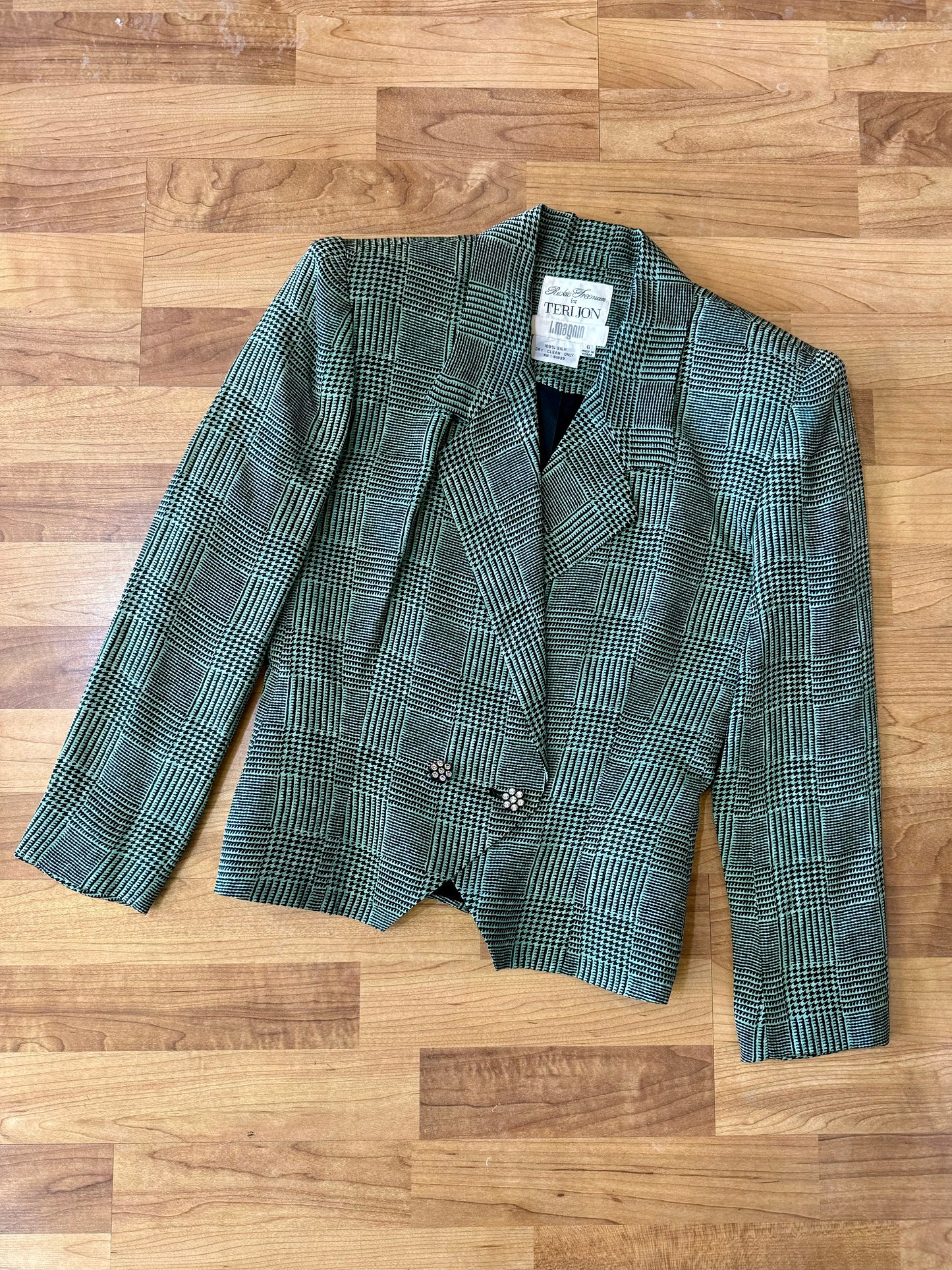Vintage 1980s Teri Jon Mint Green Patterned Silk Blazer | Small