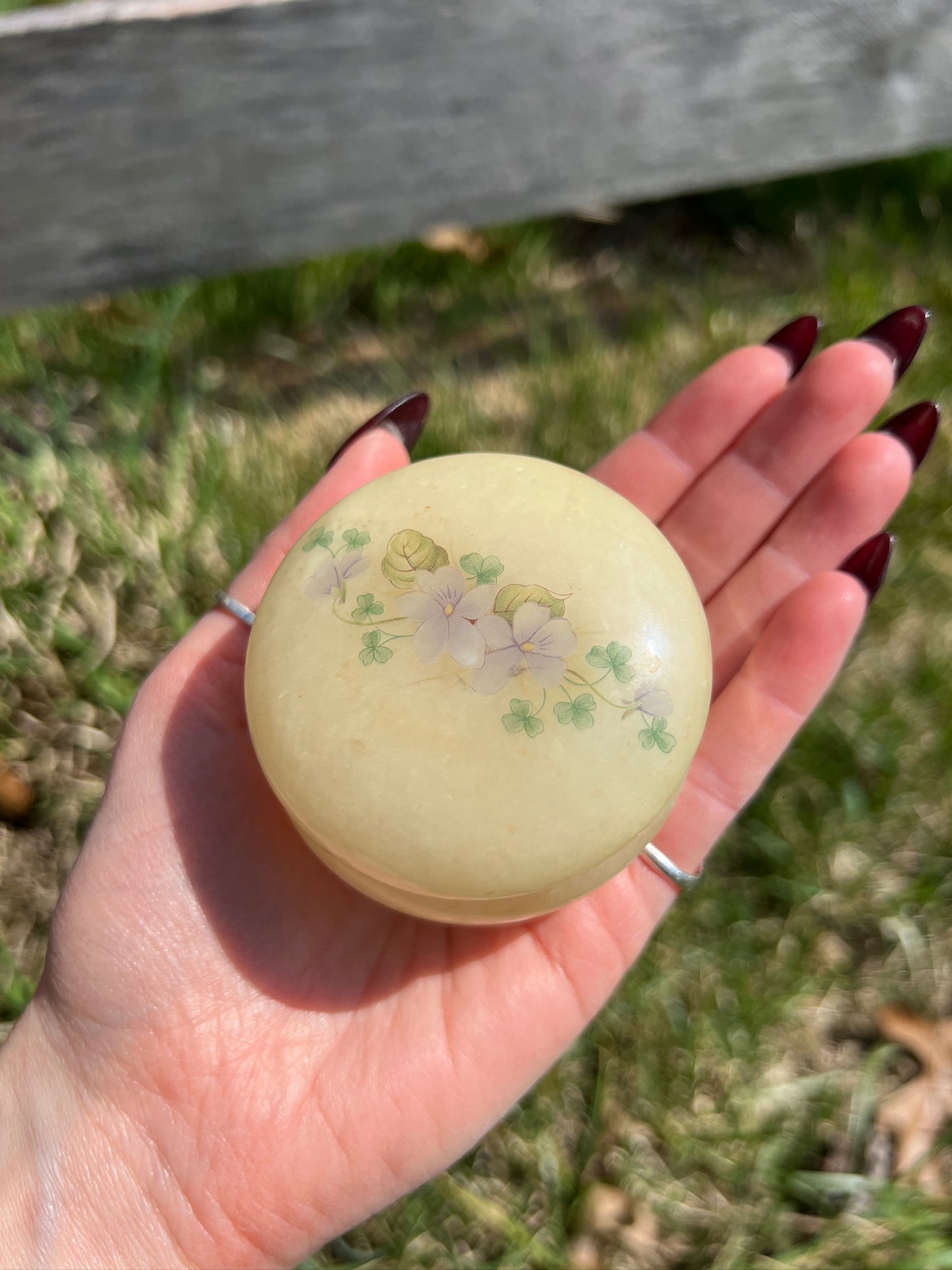 Vintage 1950s Alabaster Carved Floral Trinket Box
