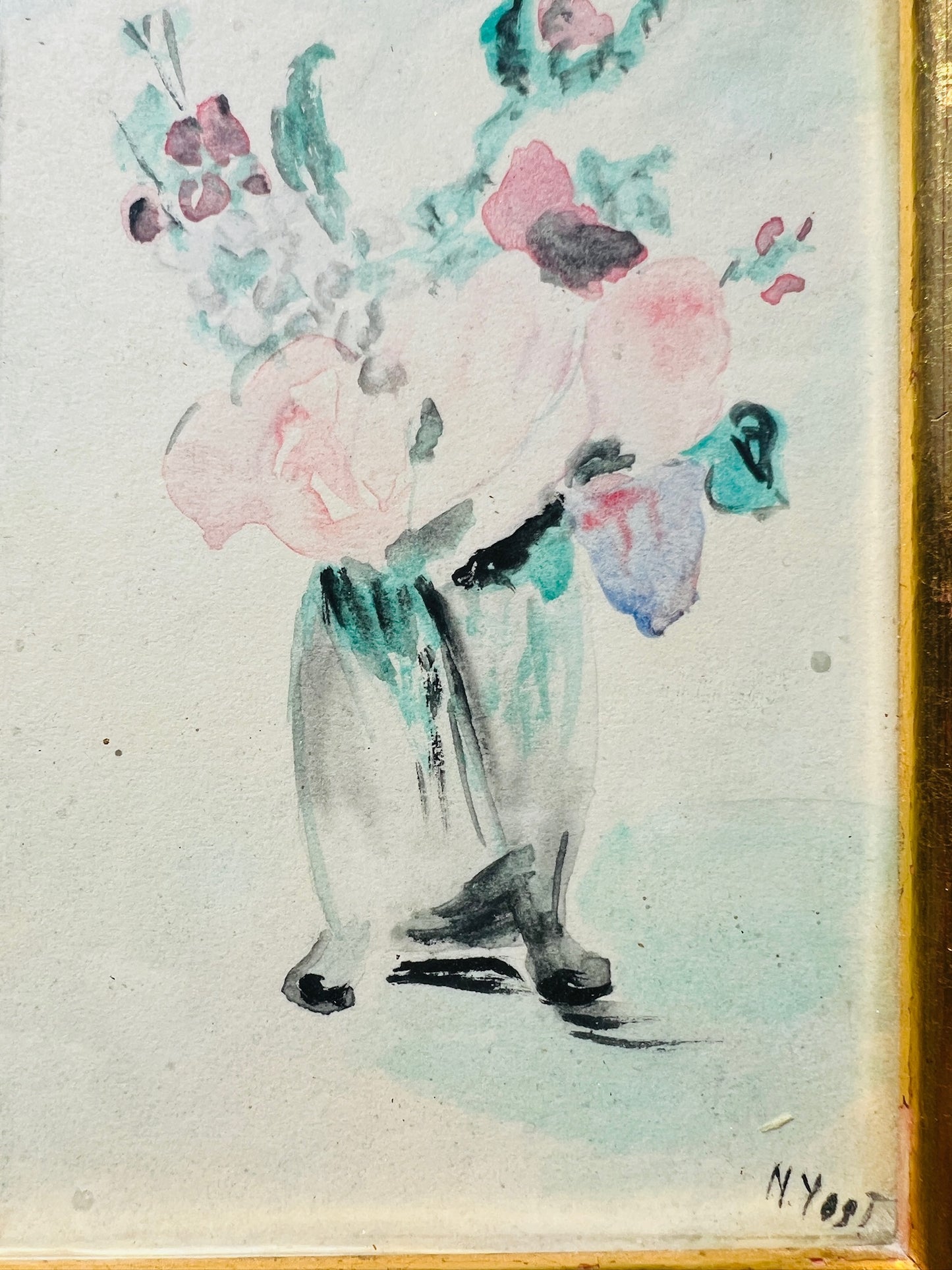 Vintage 1950s Gold Framed Floral Watercolor | Signed