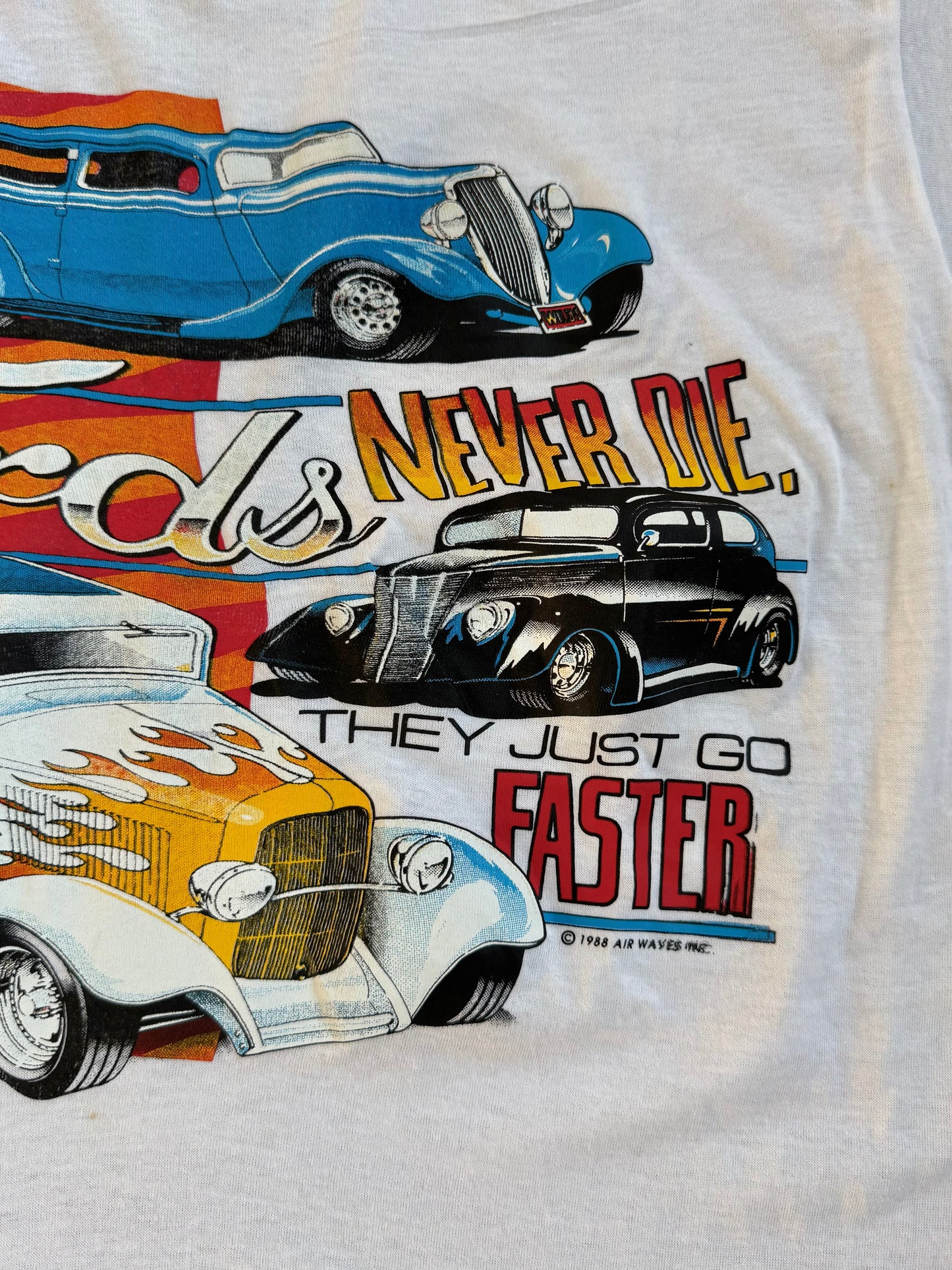 Vintage 1980s Air Waves “Old Fords Never Die” White Graphic Tee | Large
