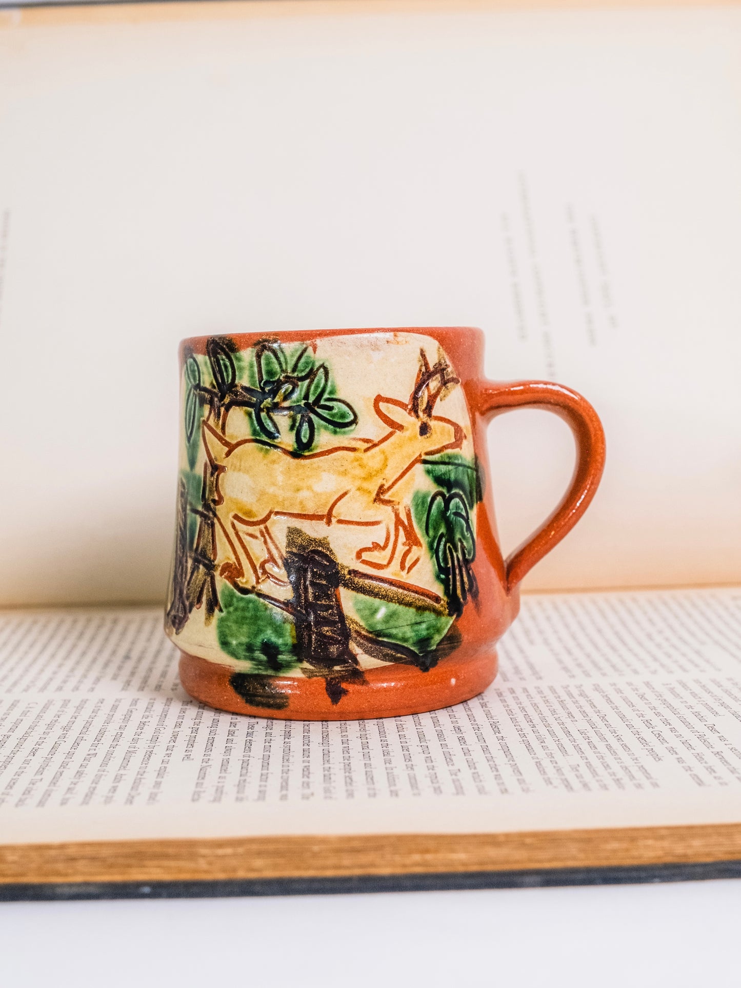 Vintage 1940s/50s Ceramic Red Pottery "Deer" Mug