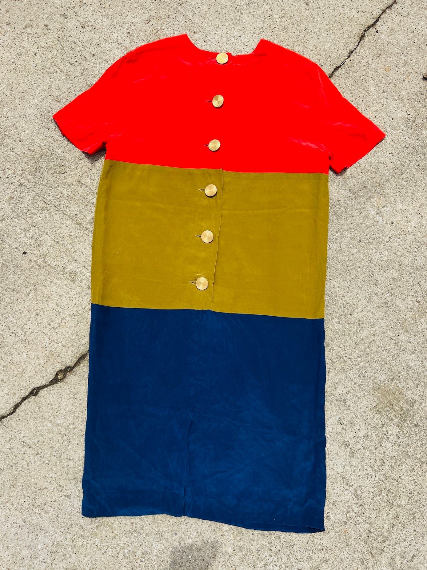 Vintage 1980s Bill Geoffreys Silk Color Block Short Sleeve Shift Dress | Medium
