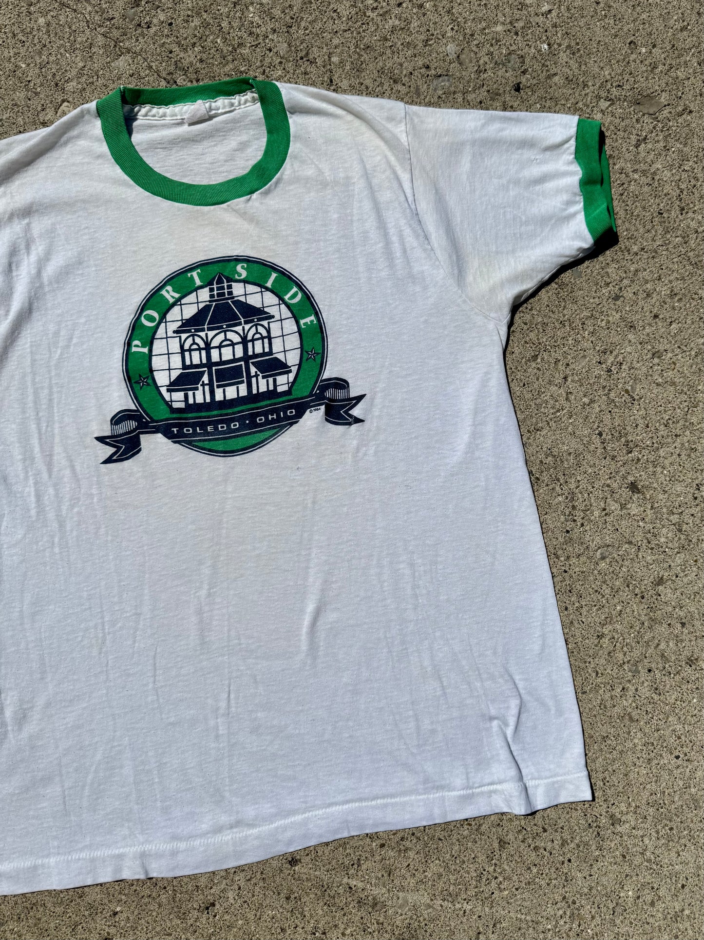 Vintage 1980s Portside Toledo White & Green Ringer Tee | M/L