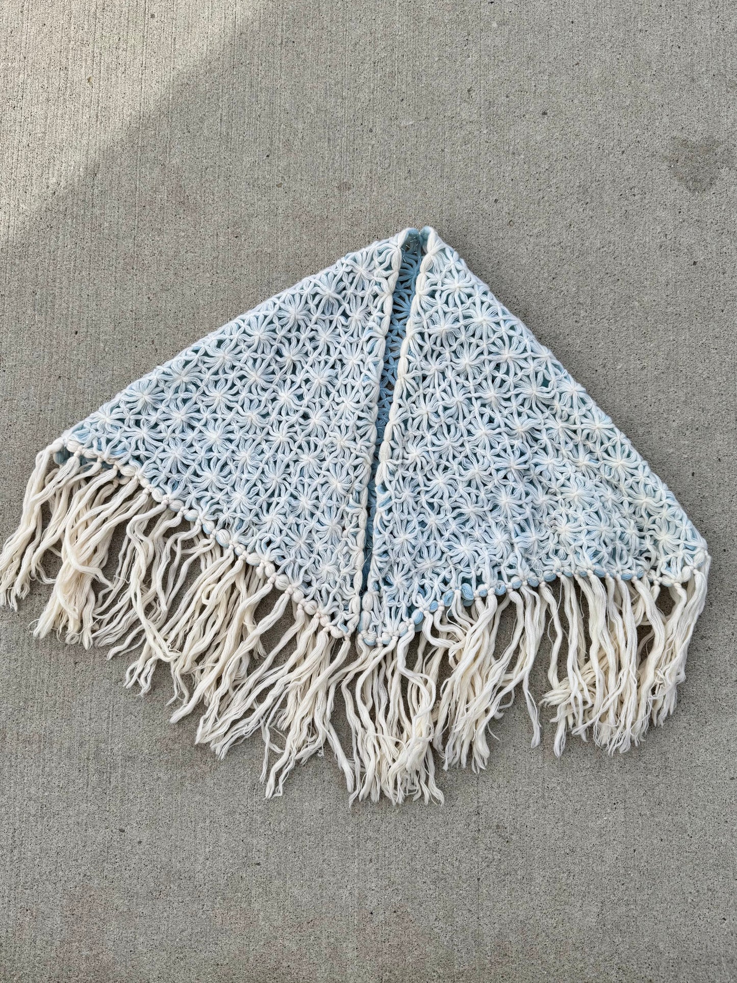 Y2K Cream & Blue Reversible Crochet Fringe Shawl