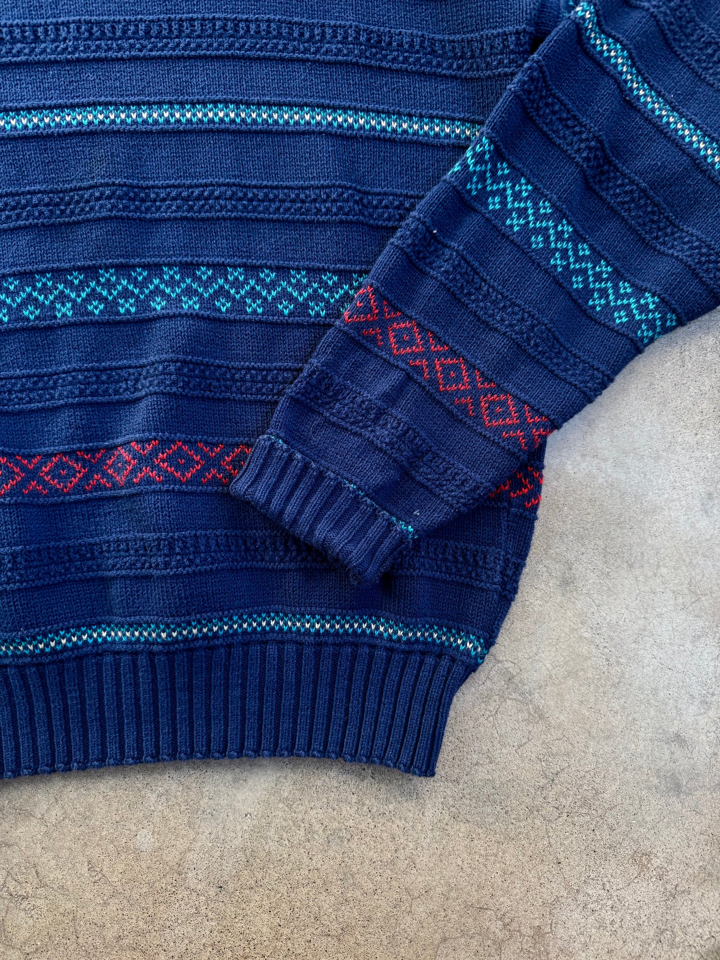 Vintage 1980s Robert Bruce Blue Patterned Cotton Knit Crewneck Sweater | XL