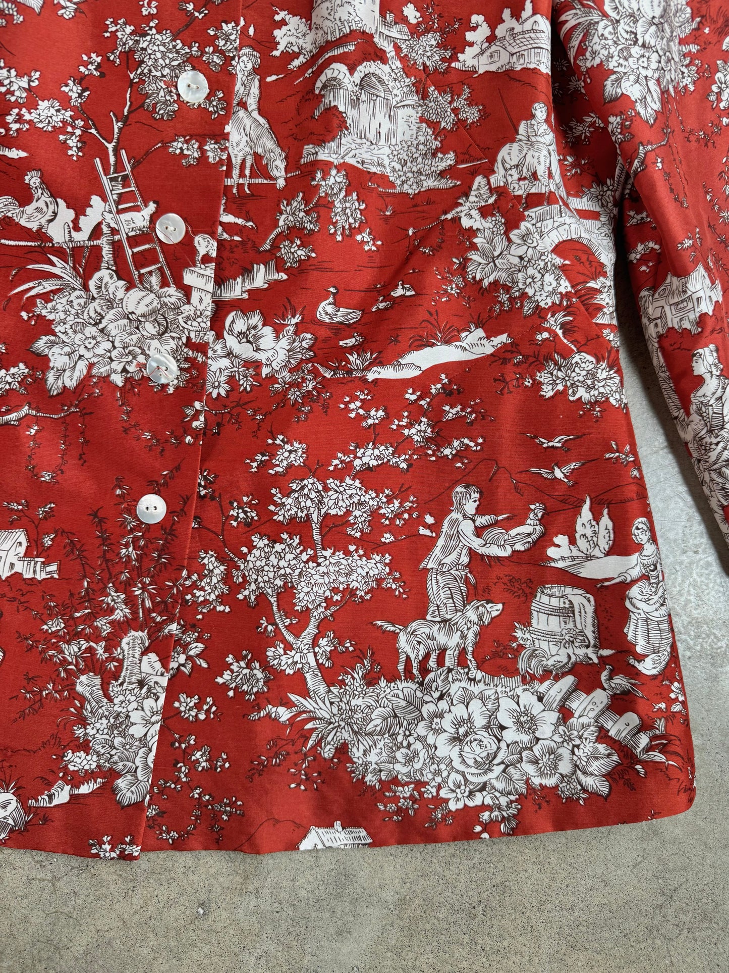 Vintage 1990s Silkland Red Toile Print Silk Blazer | Medium
