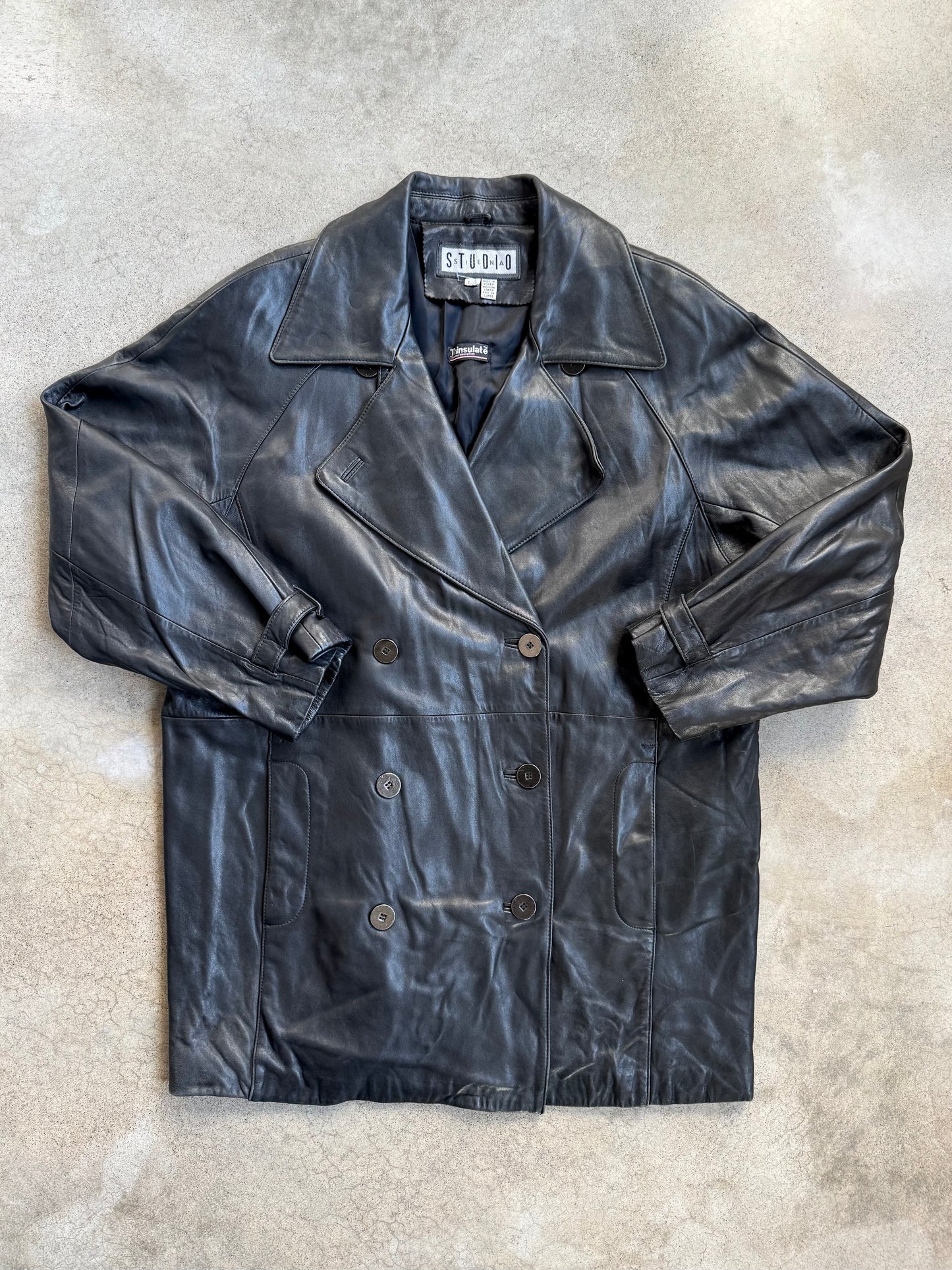 Vintage 1980s Studio Siena Black Leather Double-Breasted Jacket | Large