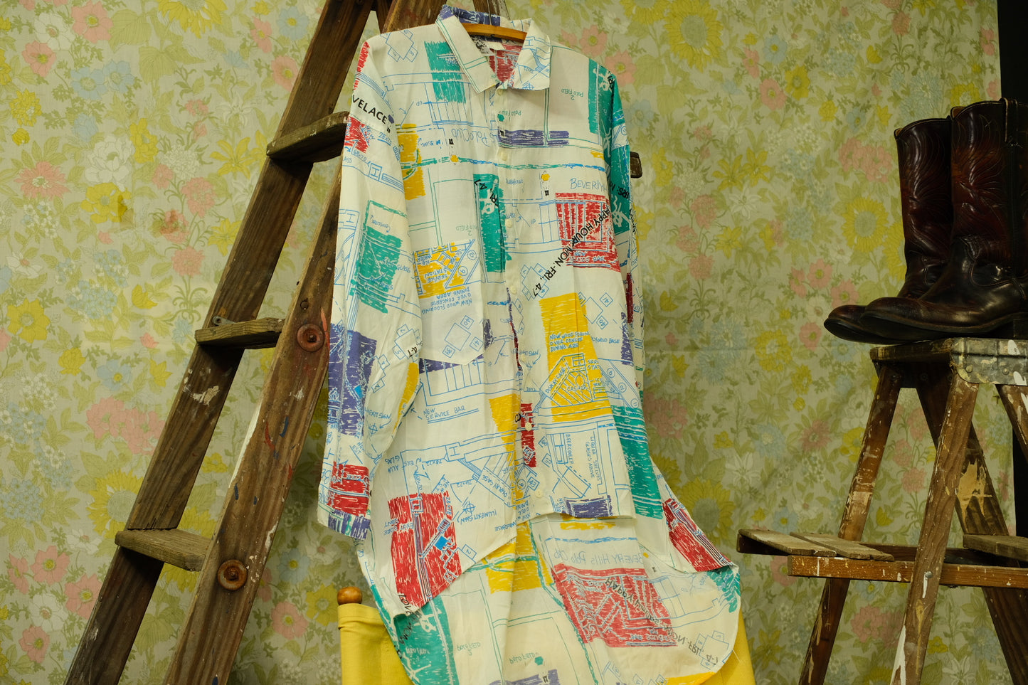 Vintage 1980s Beverly Hills Polo Club Retro Blueprint Collared Shirt | Medium