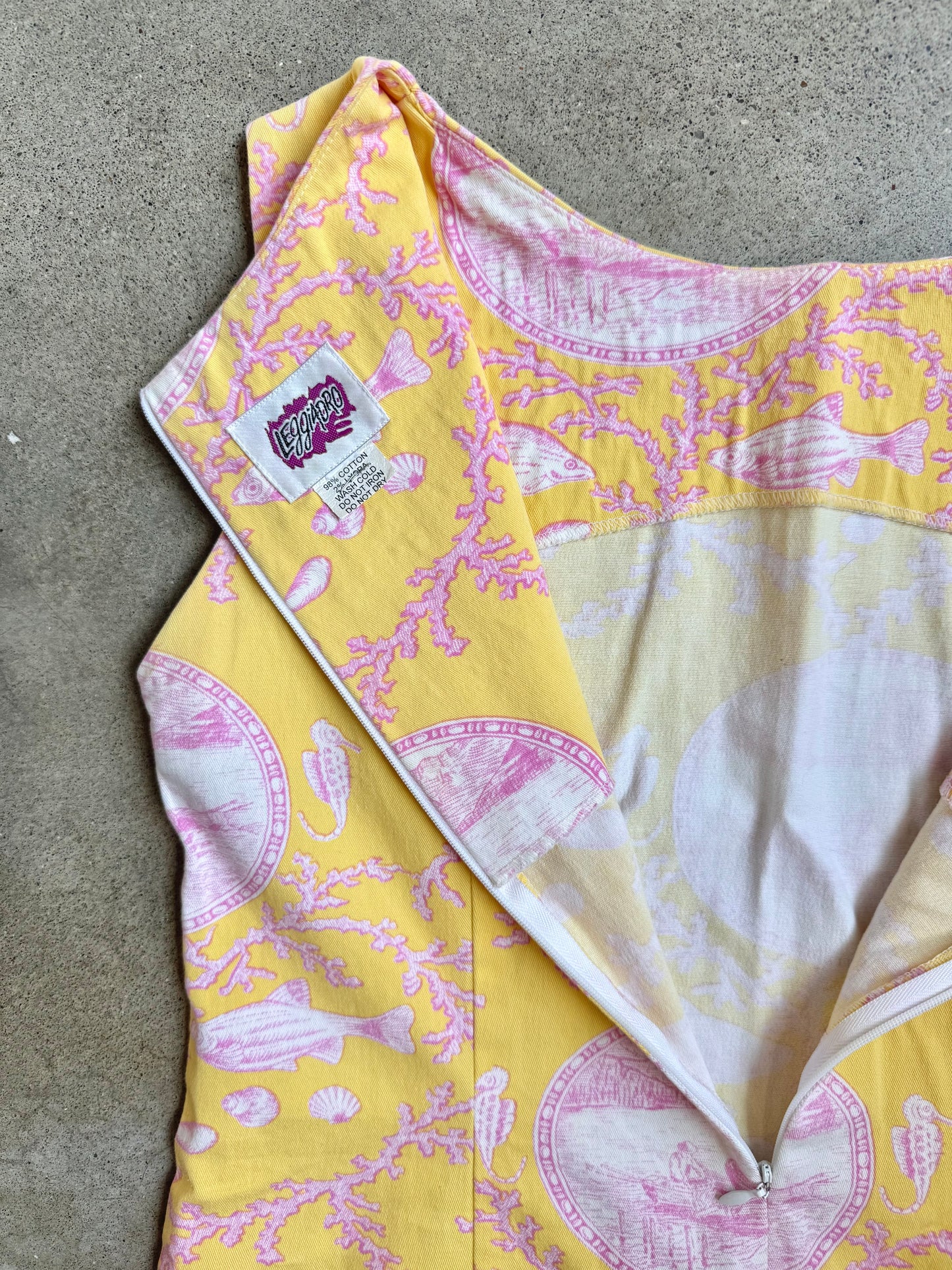 2000s Leggiadro Yellow & Pink Ocean Toile Print Shift Dress | Medium