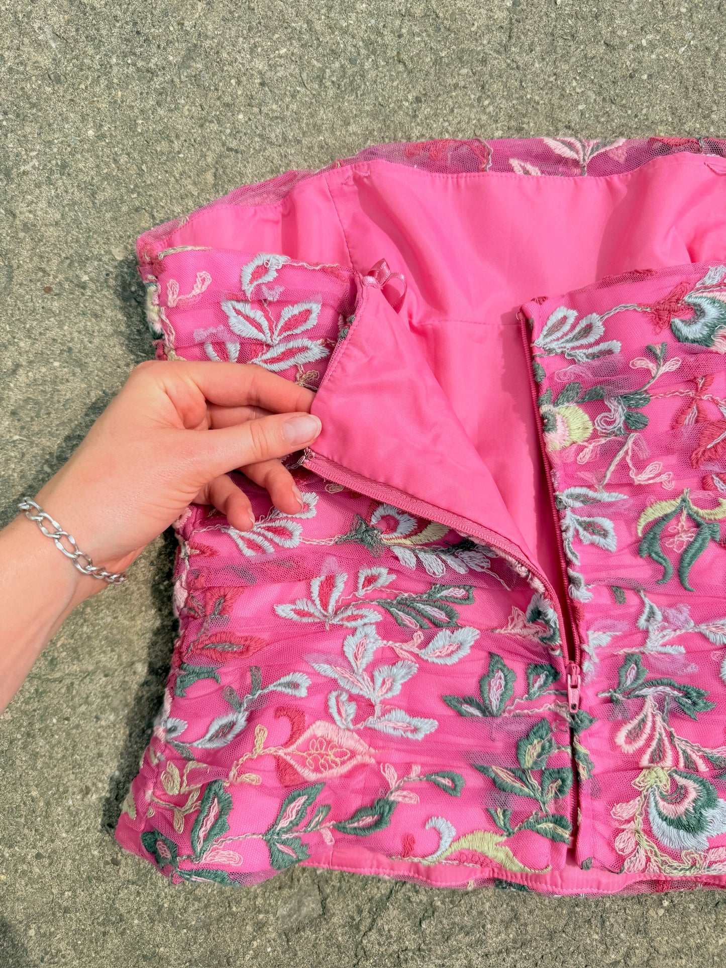Kay Unger Hot Pink Paisley Embroidered Strapless Corset Top | S/M