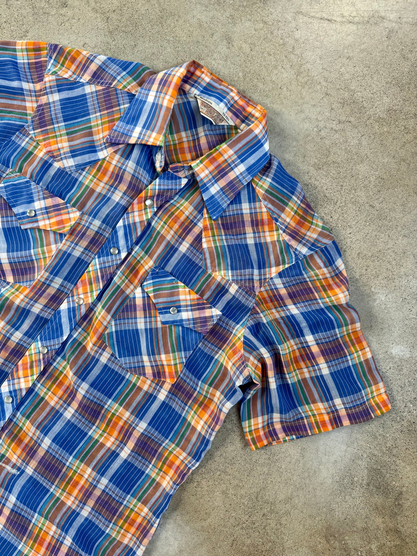 Vintage 1970s Sears Blue & Orange Plaid Western Pearl Snap Short Sleeve Shirt | Medium