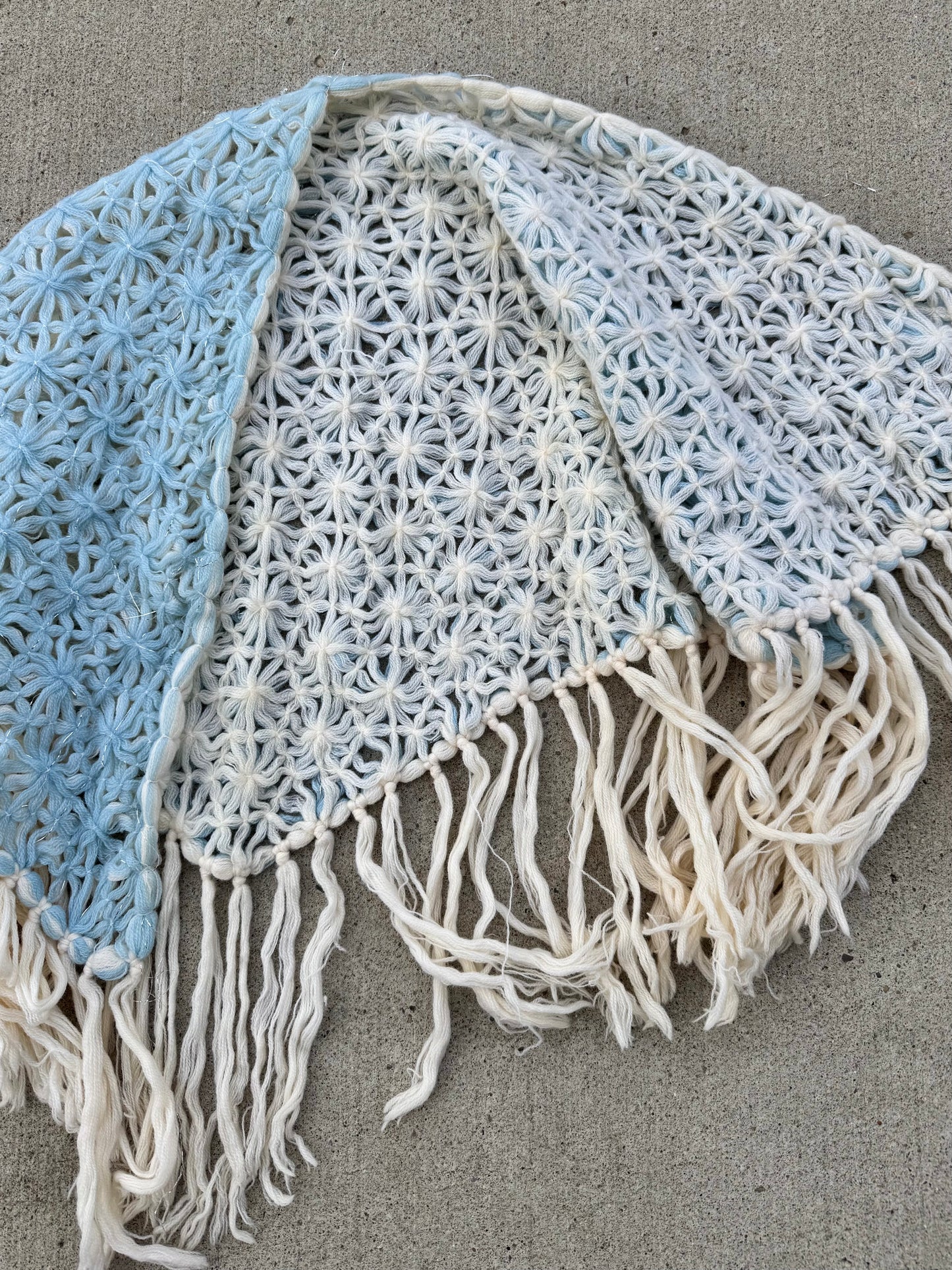 Y2K Cream & Blue Reversible Crochet Fringe Shawl