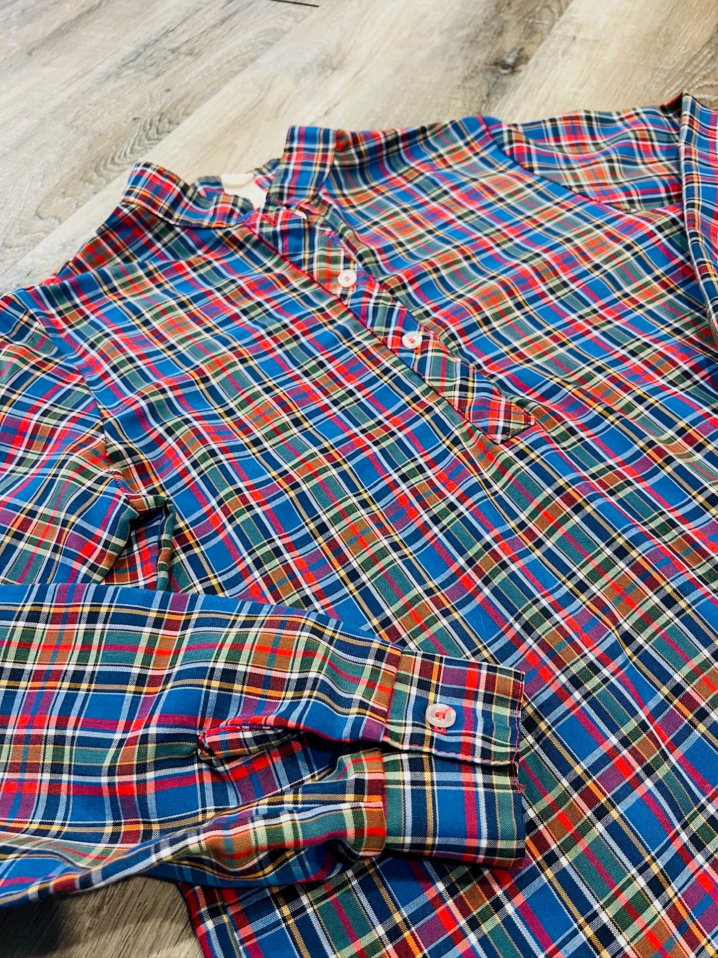 Vintage 1970s Laura Mae Plaid Long Sleeve Blouse | S/M