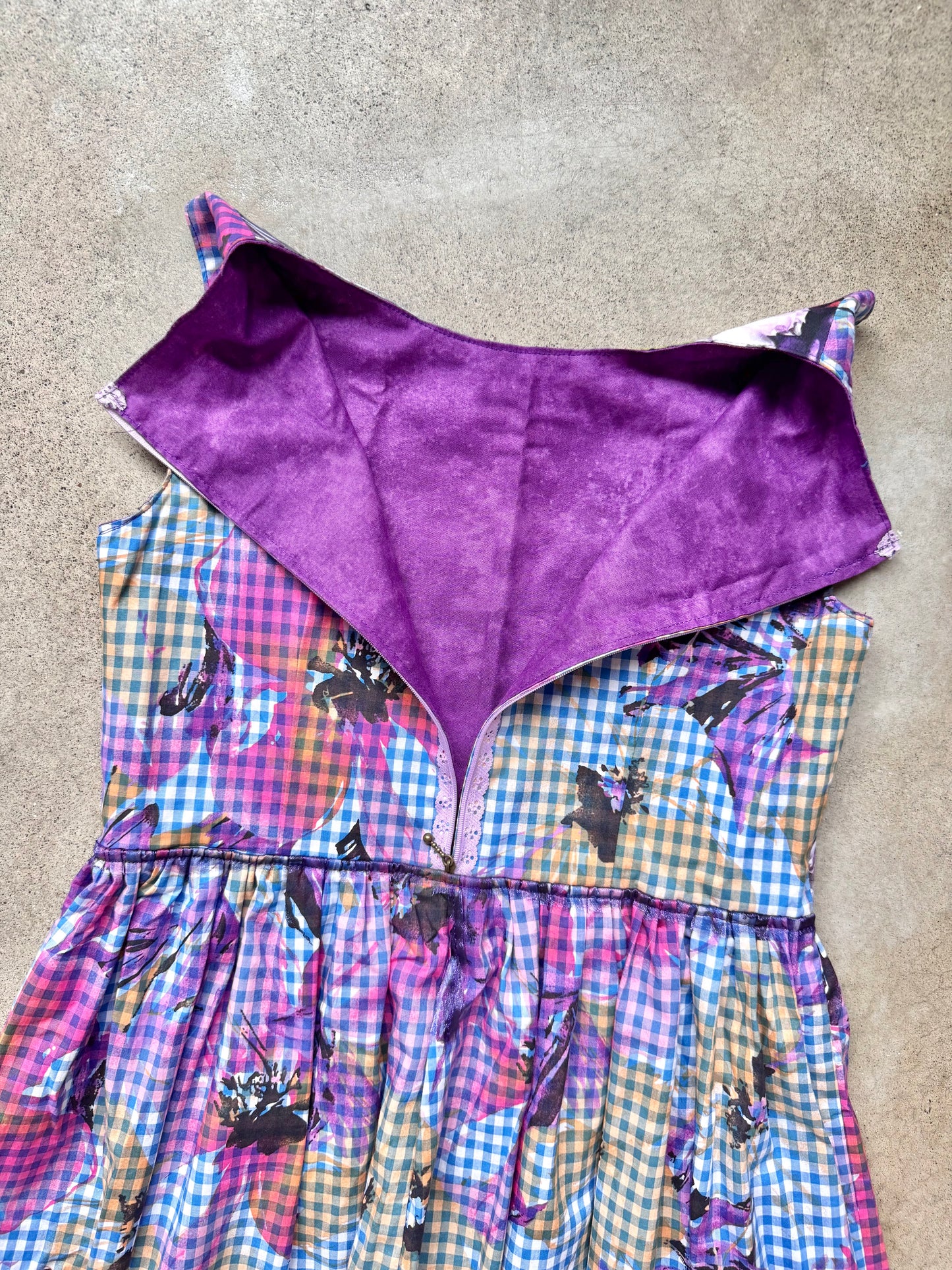Vintage Handmade Floral Gingham Print Sleeveless Pleated Dress | S/M