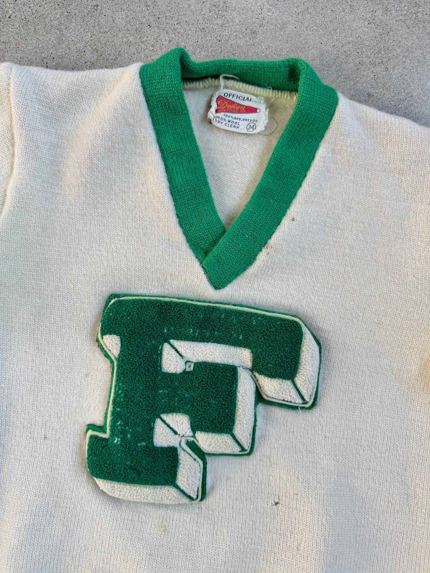 Vintage 1960s Dehen Knitting Co. Wool "F" Patch Cheer Sweater | XS