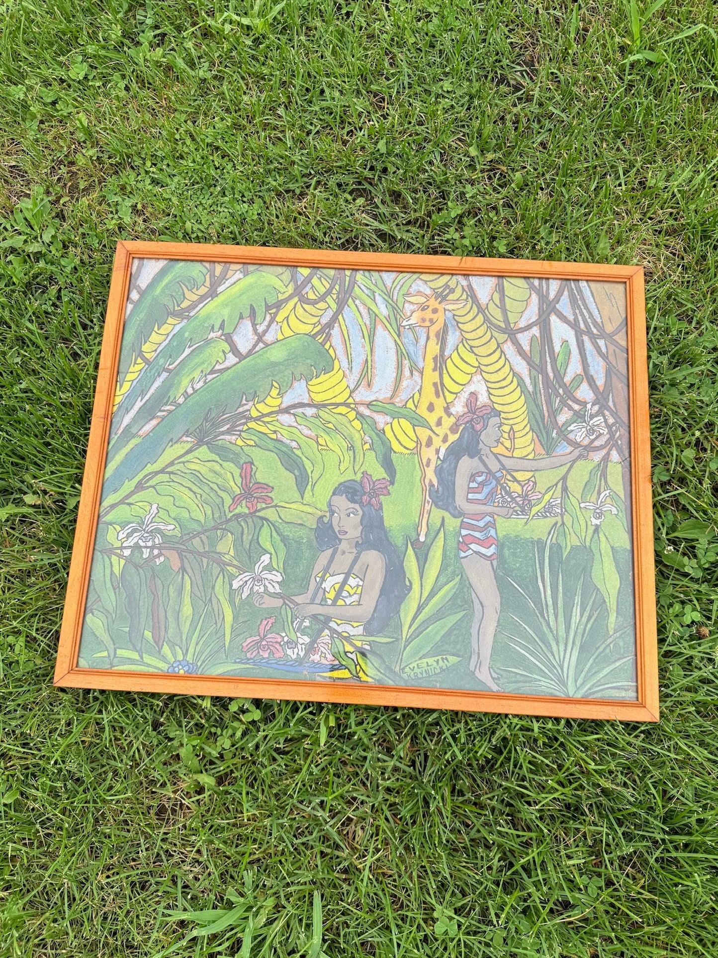 Vintage 1950s Framed & Signed Tropical Jungle Scene Oil Painting