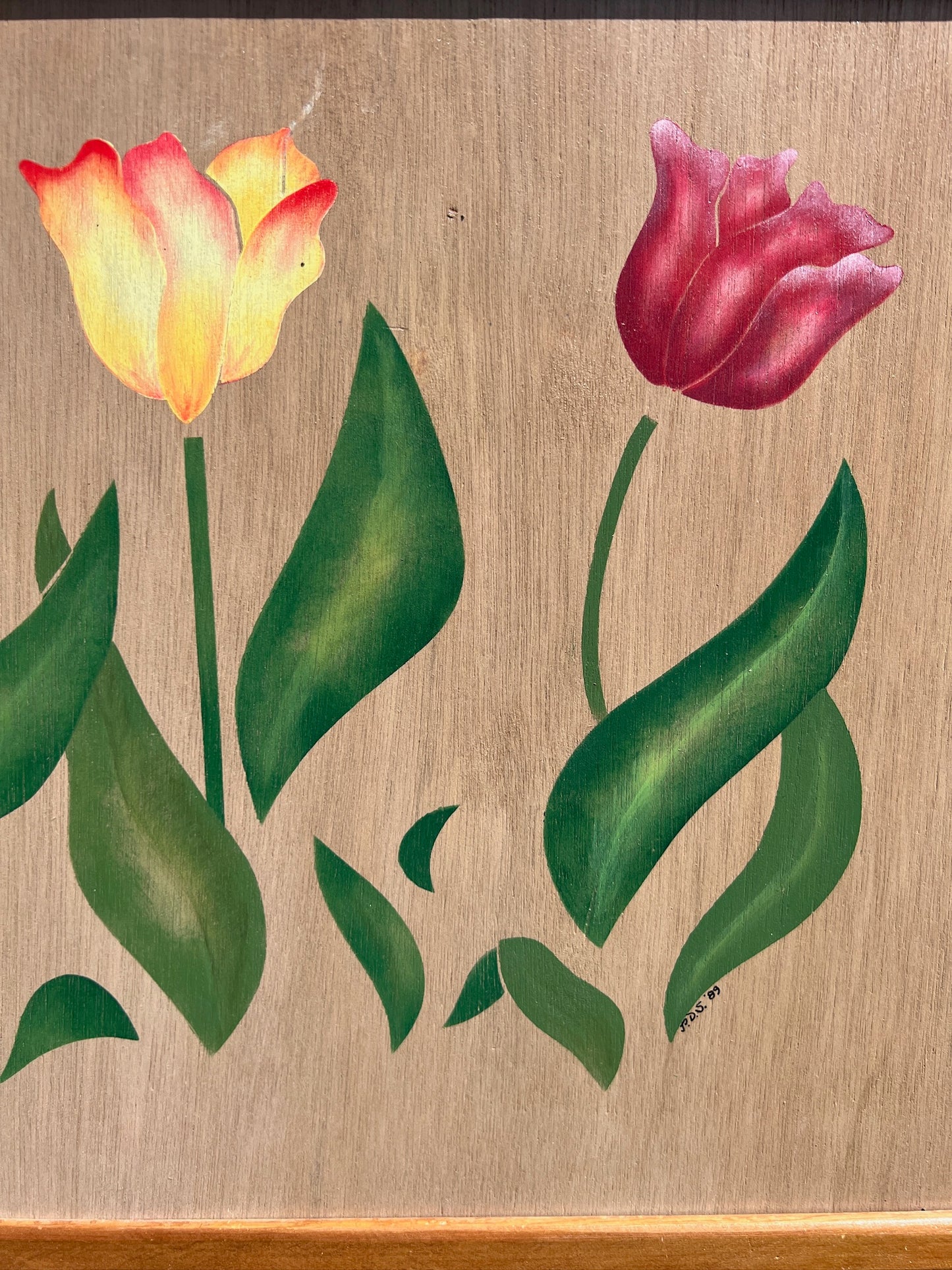 Vintage 1980s Framed "Tulip" Oil on Wood Art