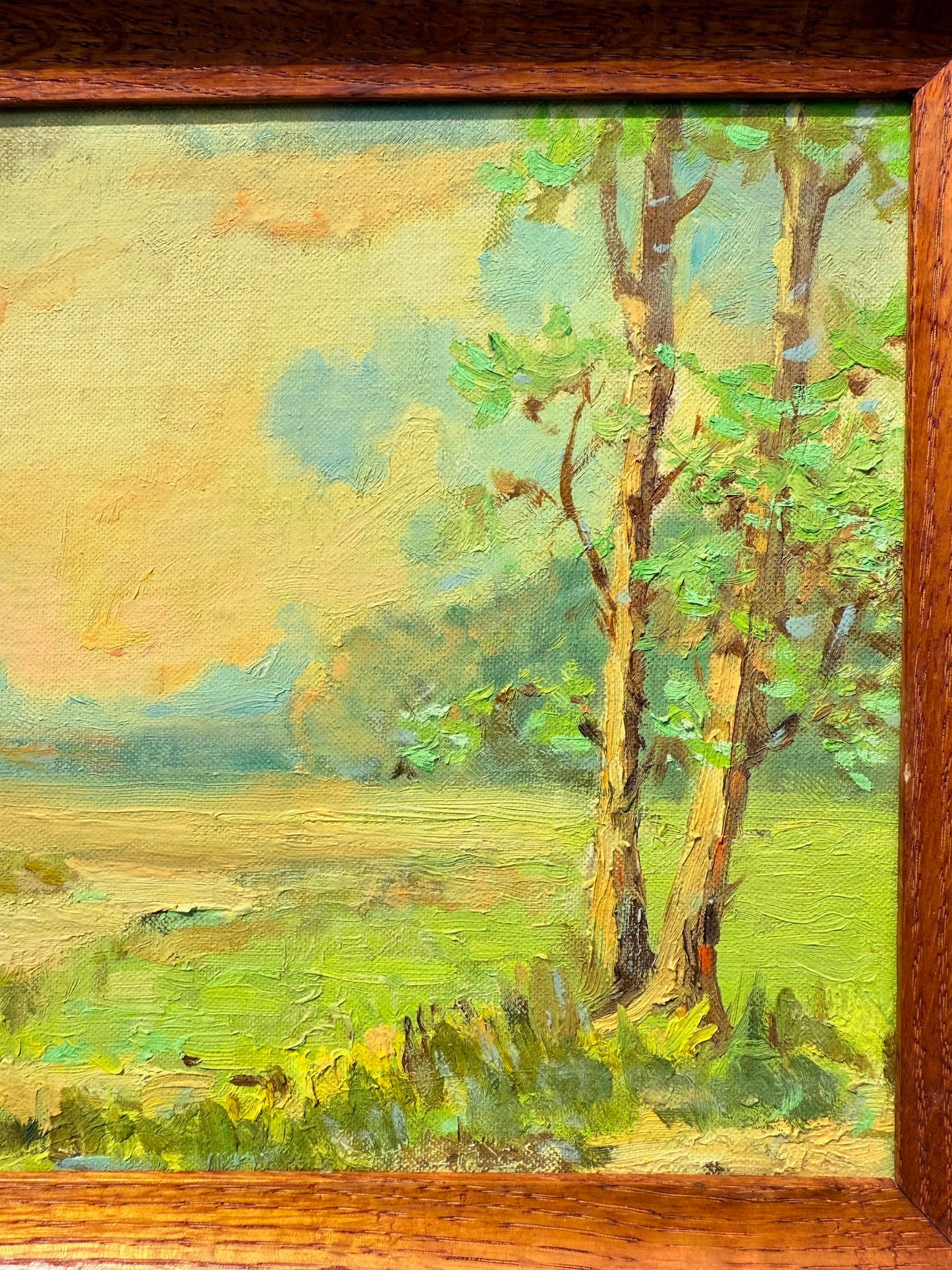 Vintage 1950s Wood Framed Meadow Landscape Oil Painting