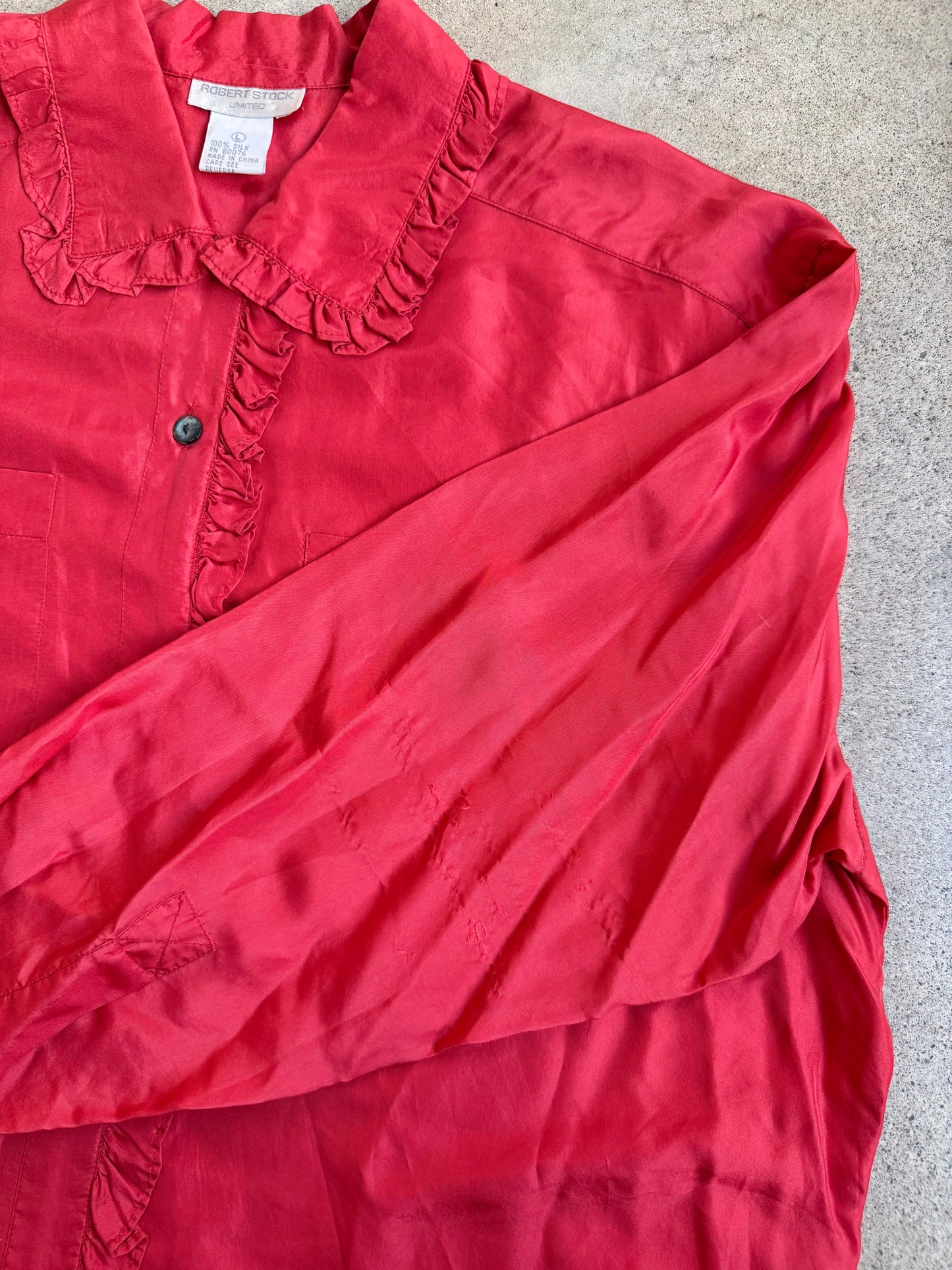Vintage 1980s Robert Stock Limited Red Silk Frilled Trim Blouse | Large