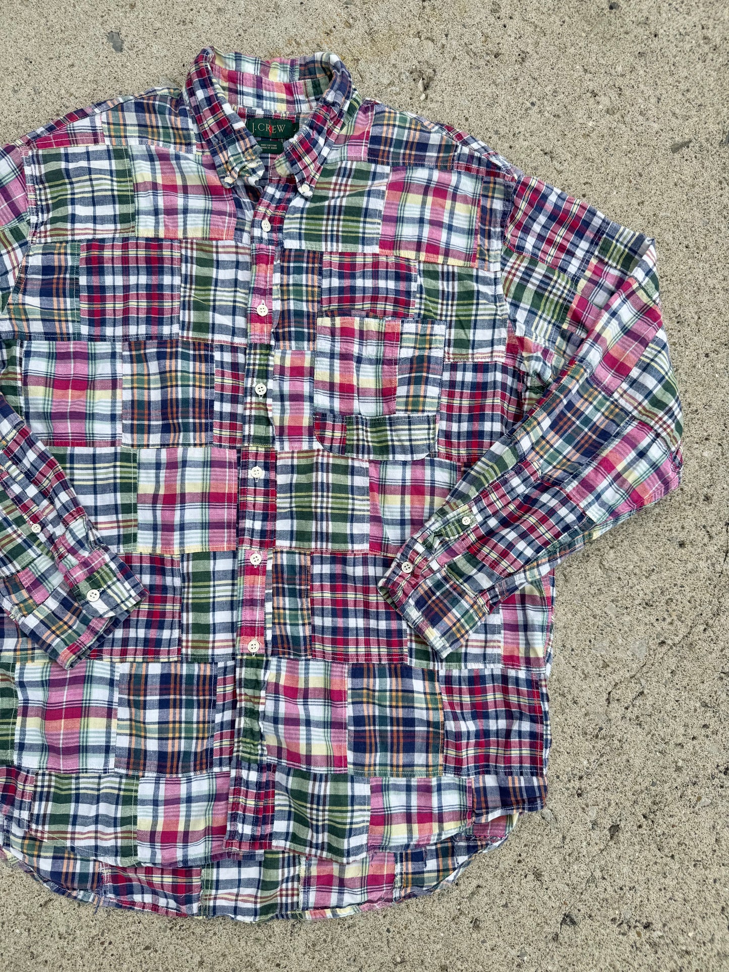 Vintage 1990s J. Crew Plaid Patchwork Button-Down Shirt | Large