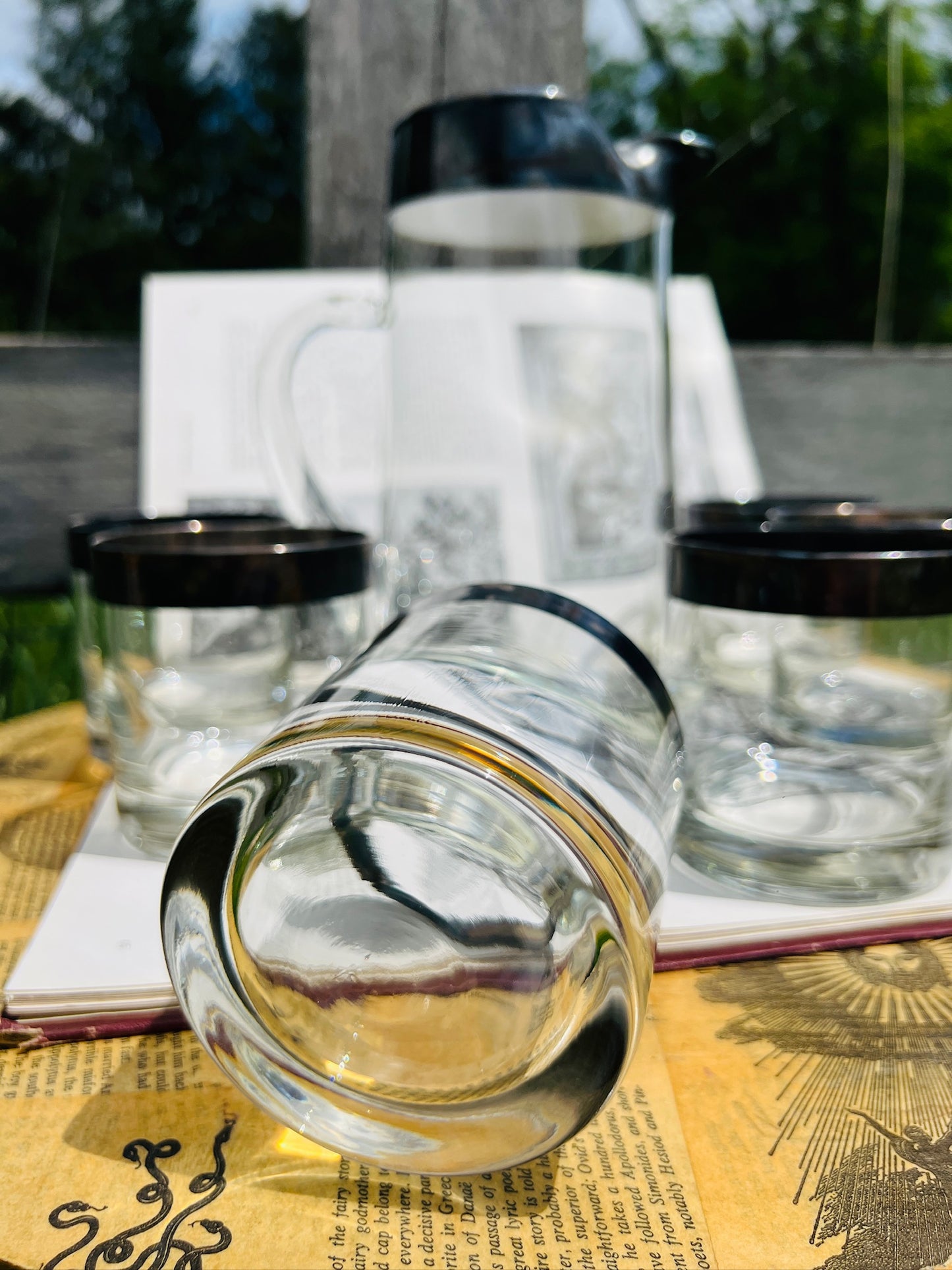 Vintage 1950s Silver Rim Pitcher & Glasses Set