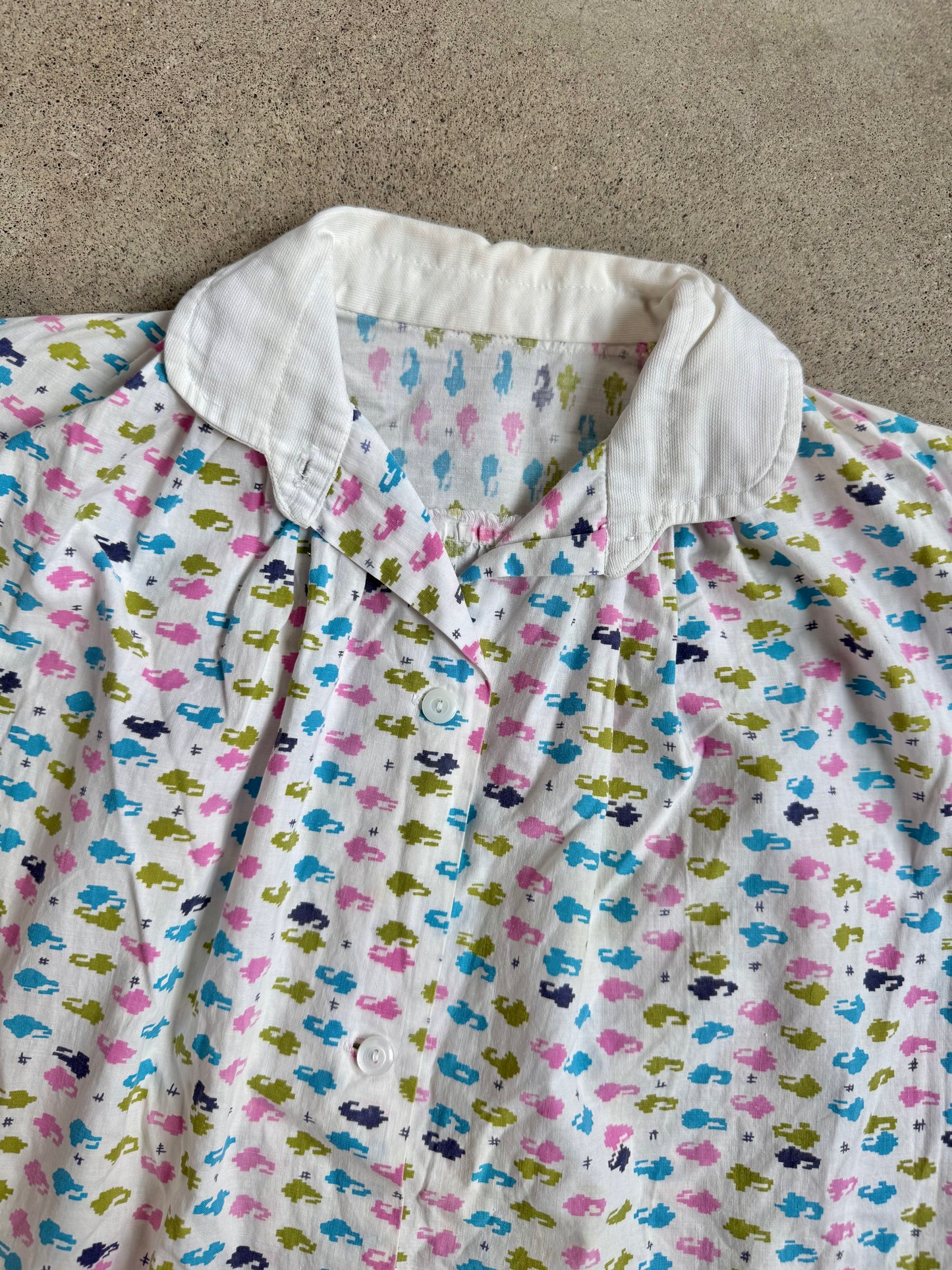 Vintage 1960s Multi-Color Abstract Print Short Sleeve Blouse | XL