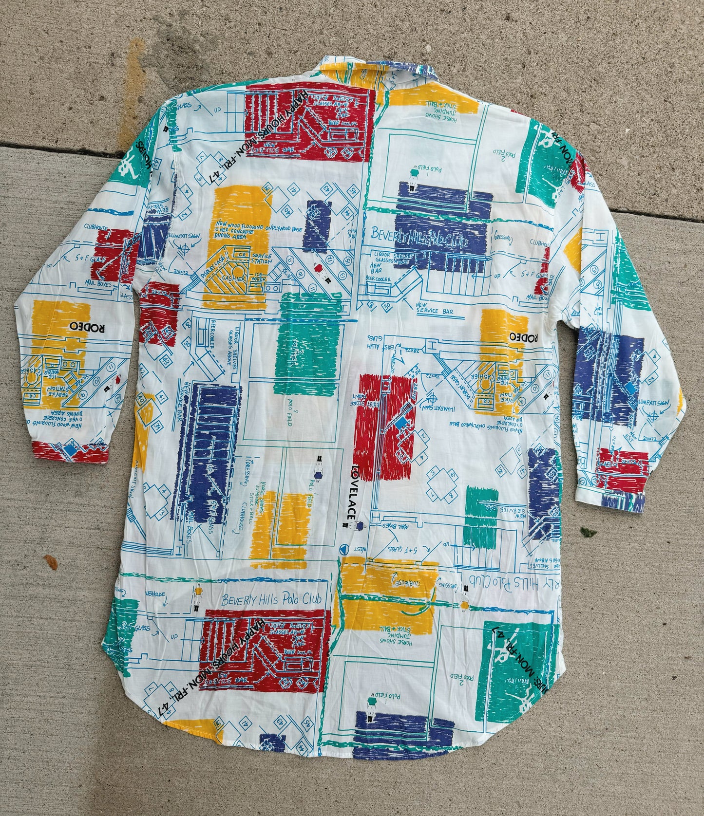 Vintage 1980s Beverly Hills Polo Club Retro Blueprint Collared Shirt | Medium