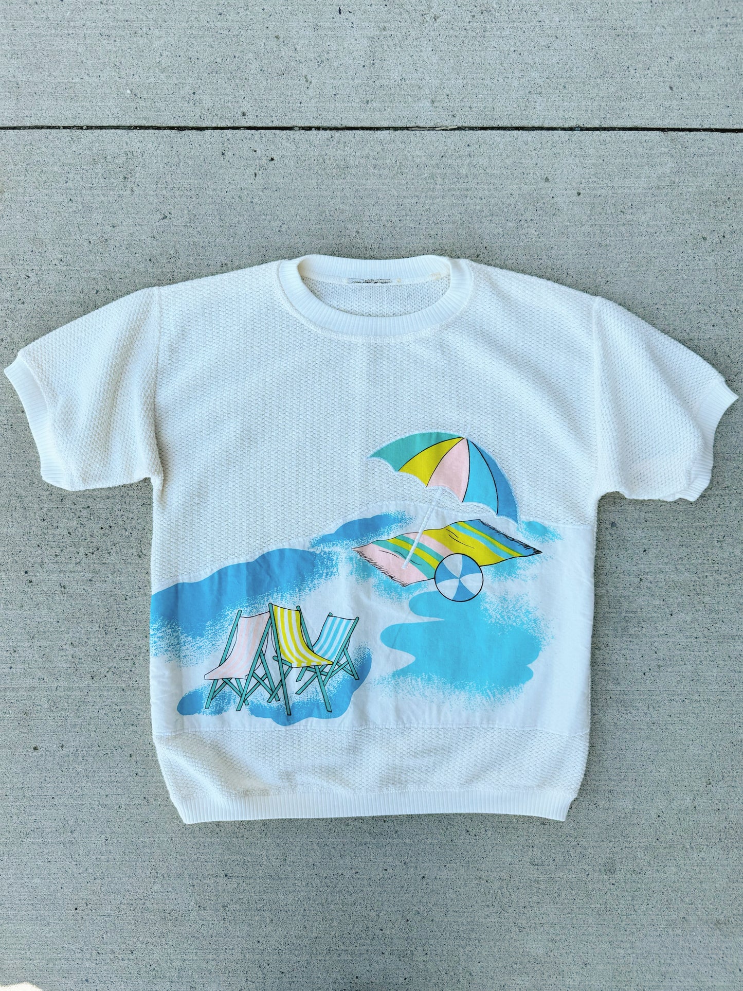 Vintage 1980s Beach Scene Short Sleeve Knit Sweatshirt | Medium