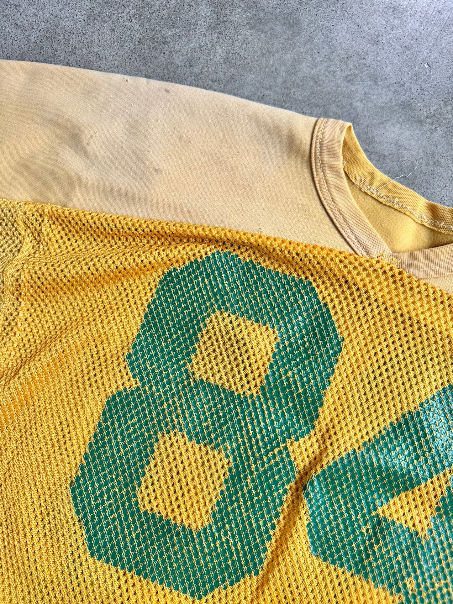 Vintage 1970s Yellow & Green #84 Distressed Mesh Football Jersey | L/XL