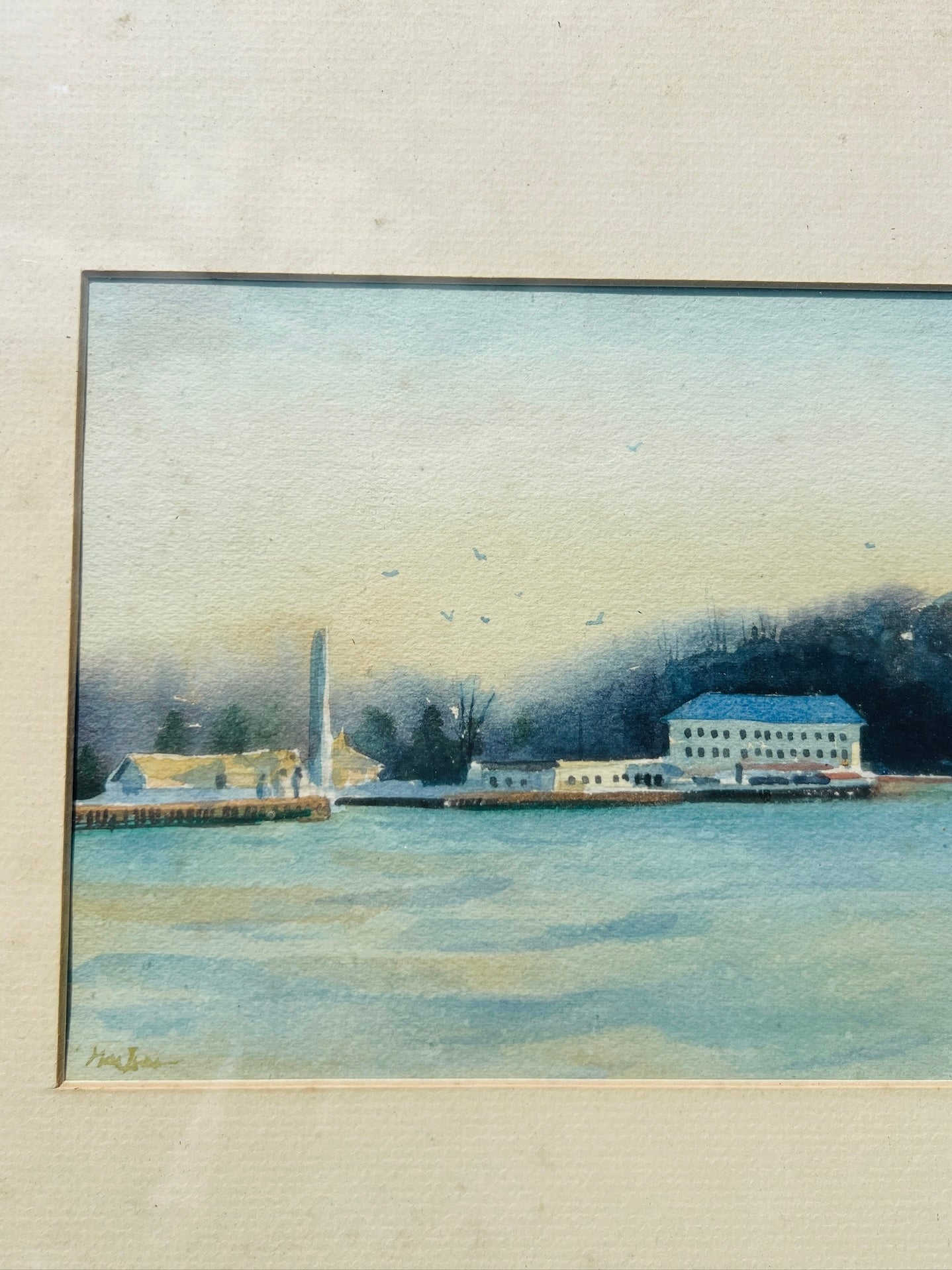 Vintage Wood Framed Lake Scene Watercolor Artwork