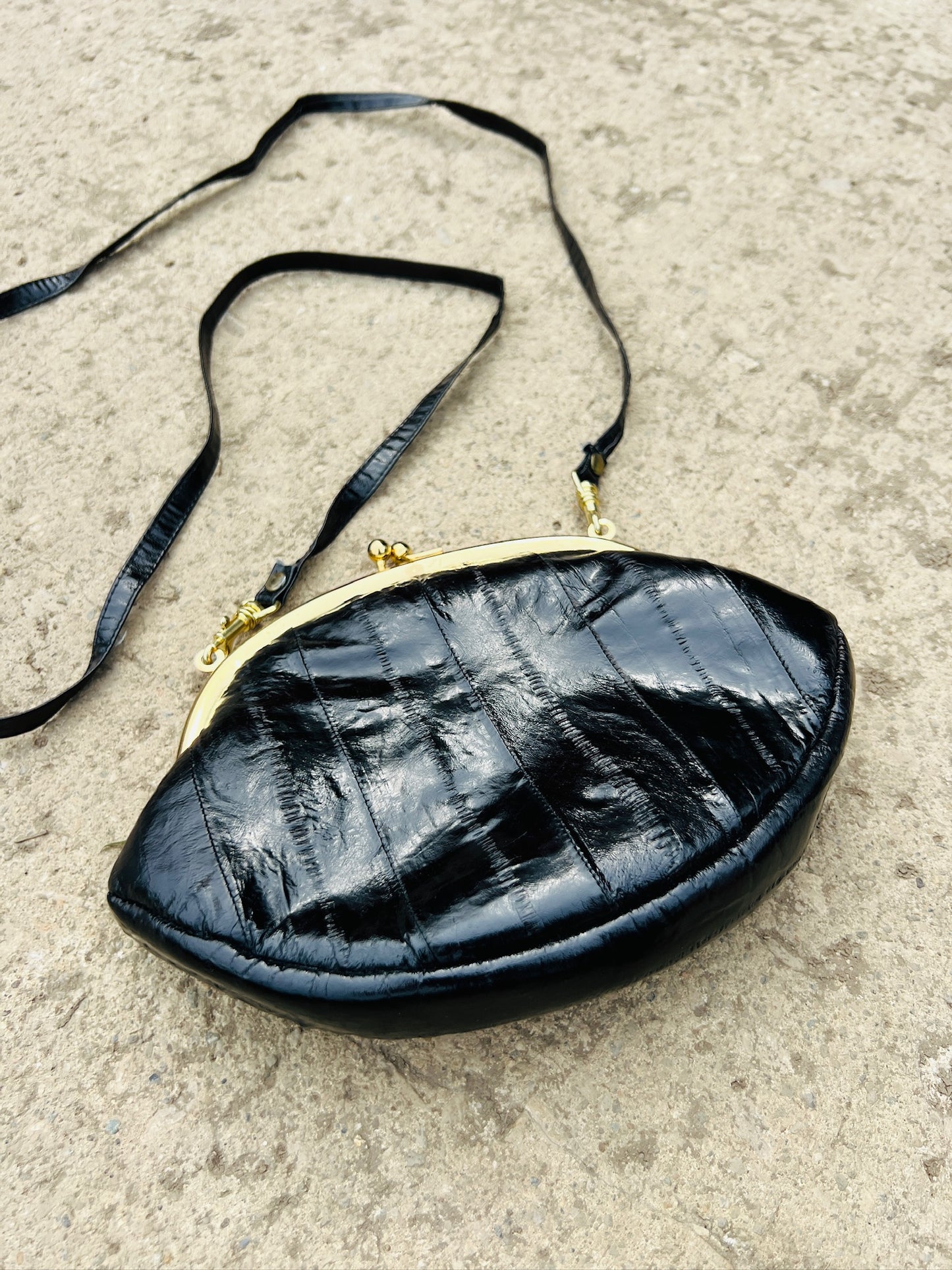 Vintage 1960s Black Eel Skin Crossbody Purse / Clutch