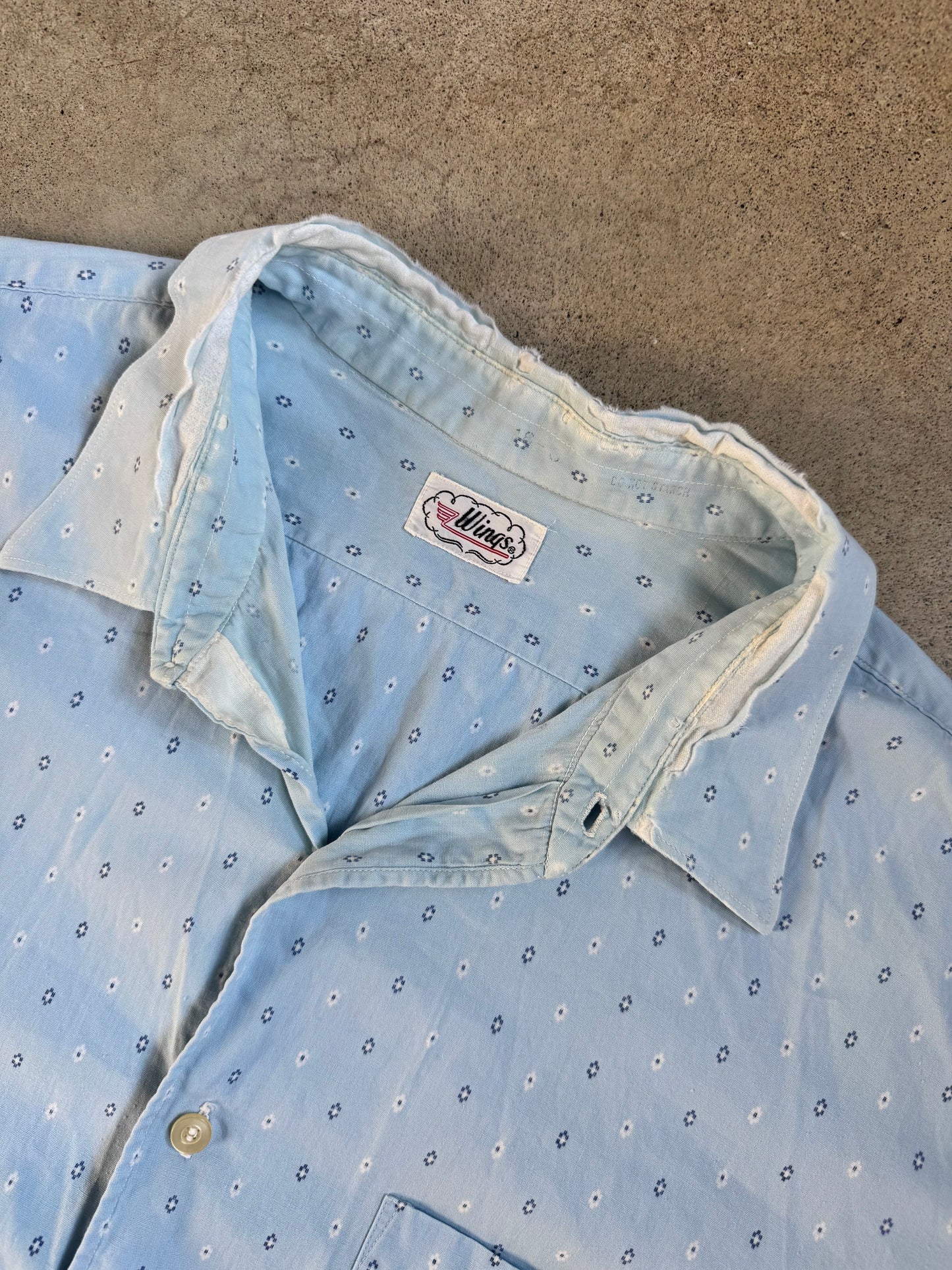 Vintage 1950s Wings Blue Printed Distressed Button-Up Shirt | XXL