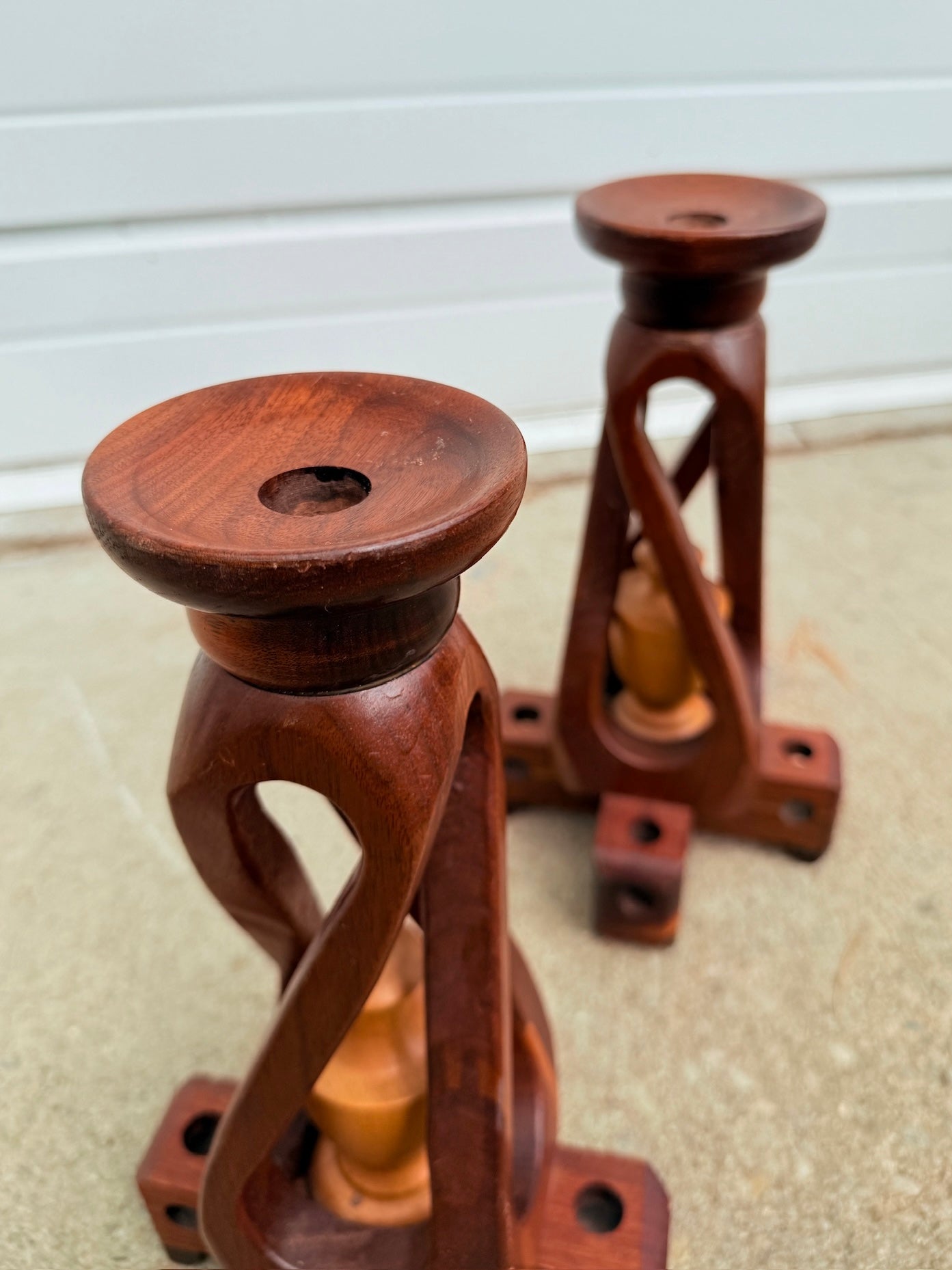 Vintage 1960s Hand-Carved Wood Spiral Candlestick Holders | Set of 2