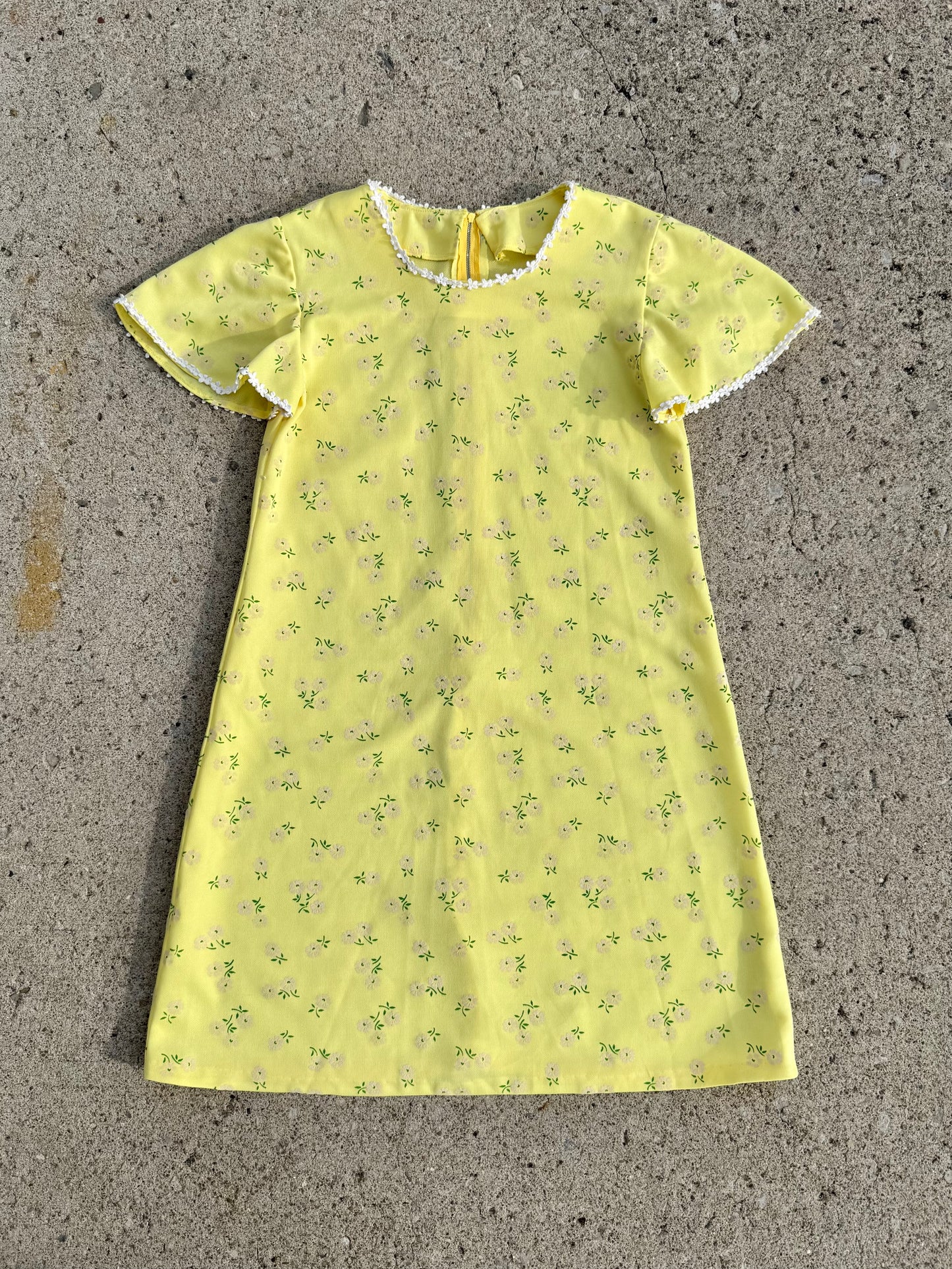 Vintage 1960s Yellow Floral Print Short Sleeve Mini Dress | XS