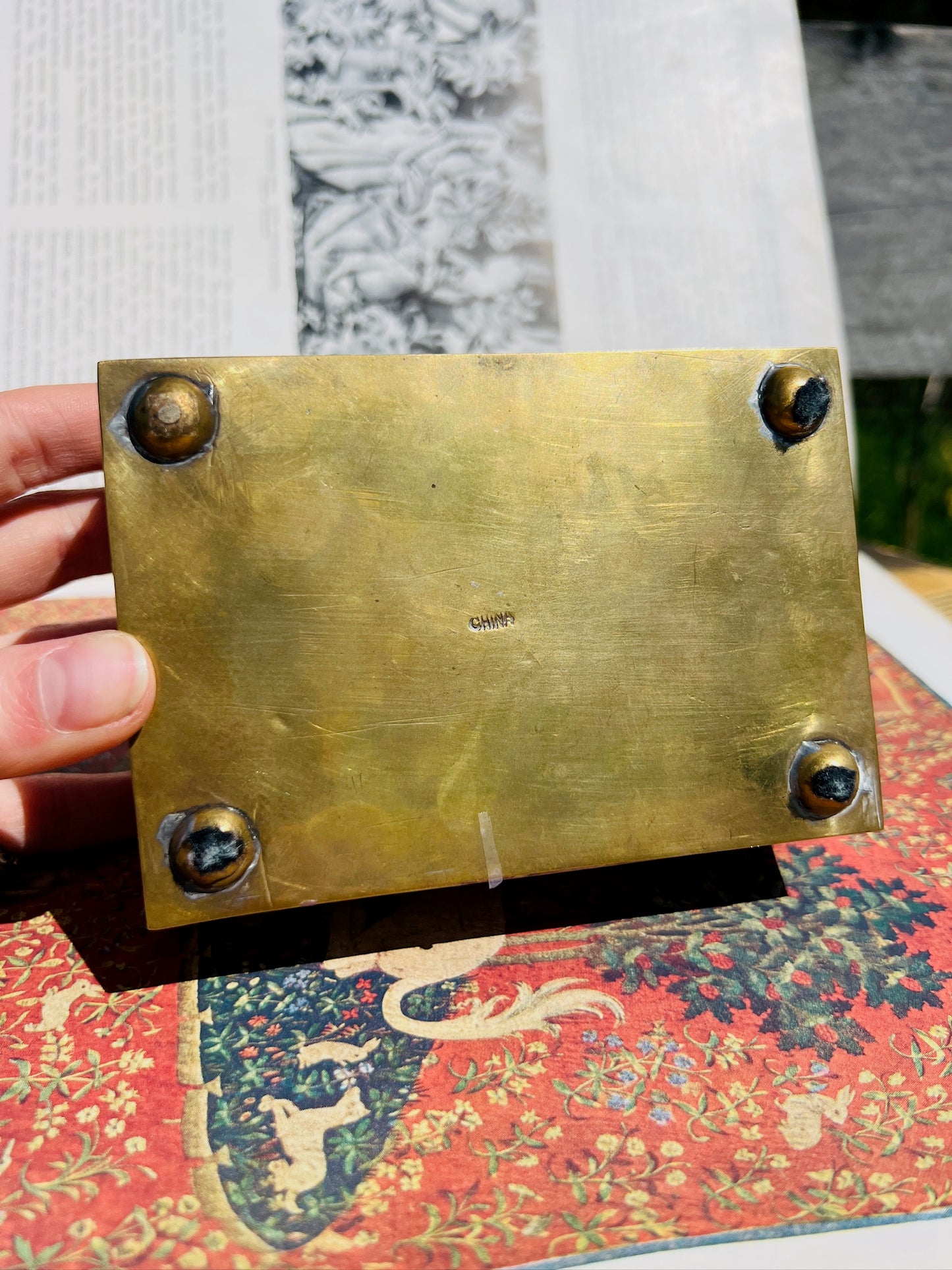 Vintage 1950s Brass Floral Painted Inlay Trinket Box