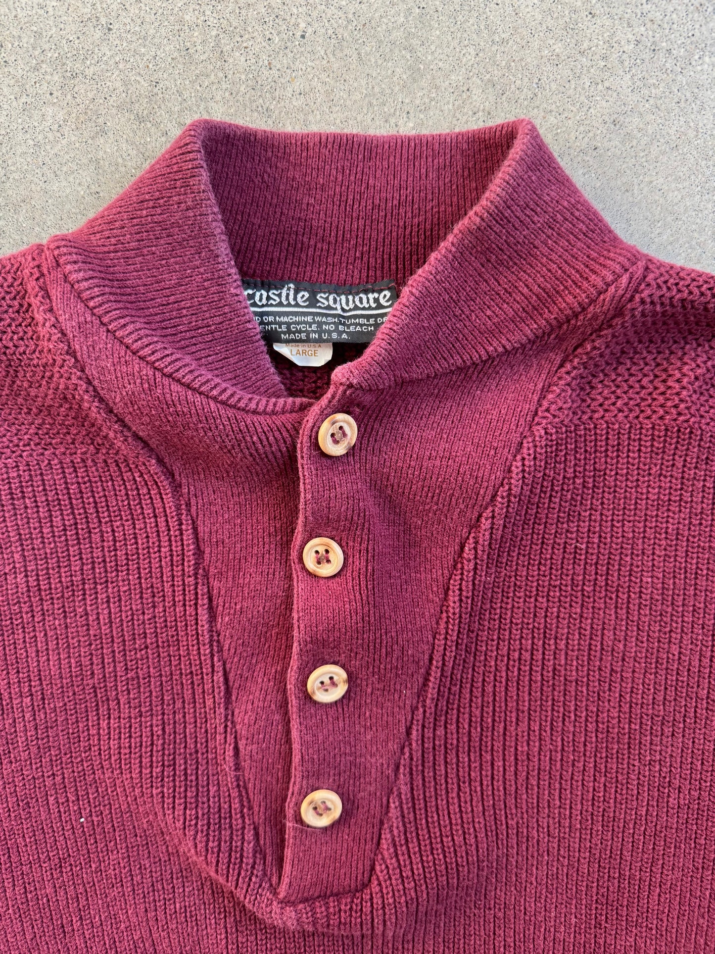 Vintage 1960s Castle Square Burgundy Cotton Henley Sweater | Large