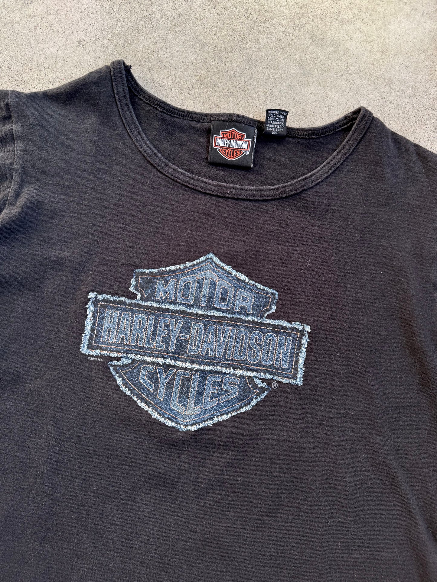 2000s Boston Harley Davidson Denim Graphic Long Sleeve Cotton Tee | Small