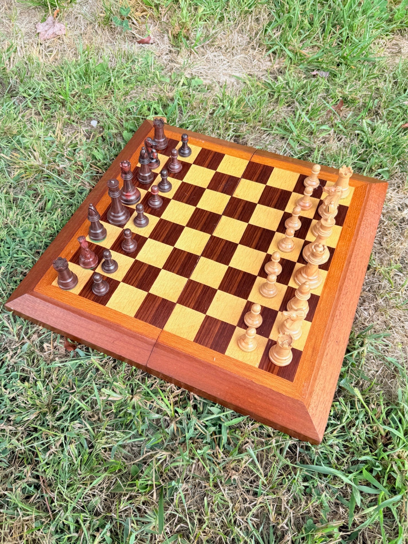 Vintage 1960s Wood Folding Chess Board w/ Chess Pieces