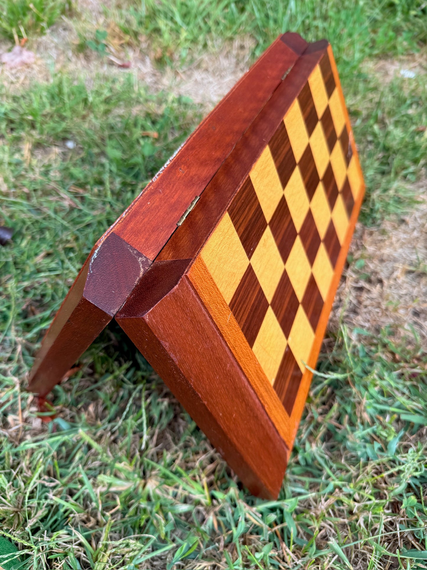 Vintage 1960s Wood Folding Chess Board w/ Chess Pieces