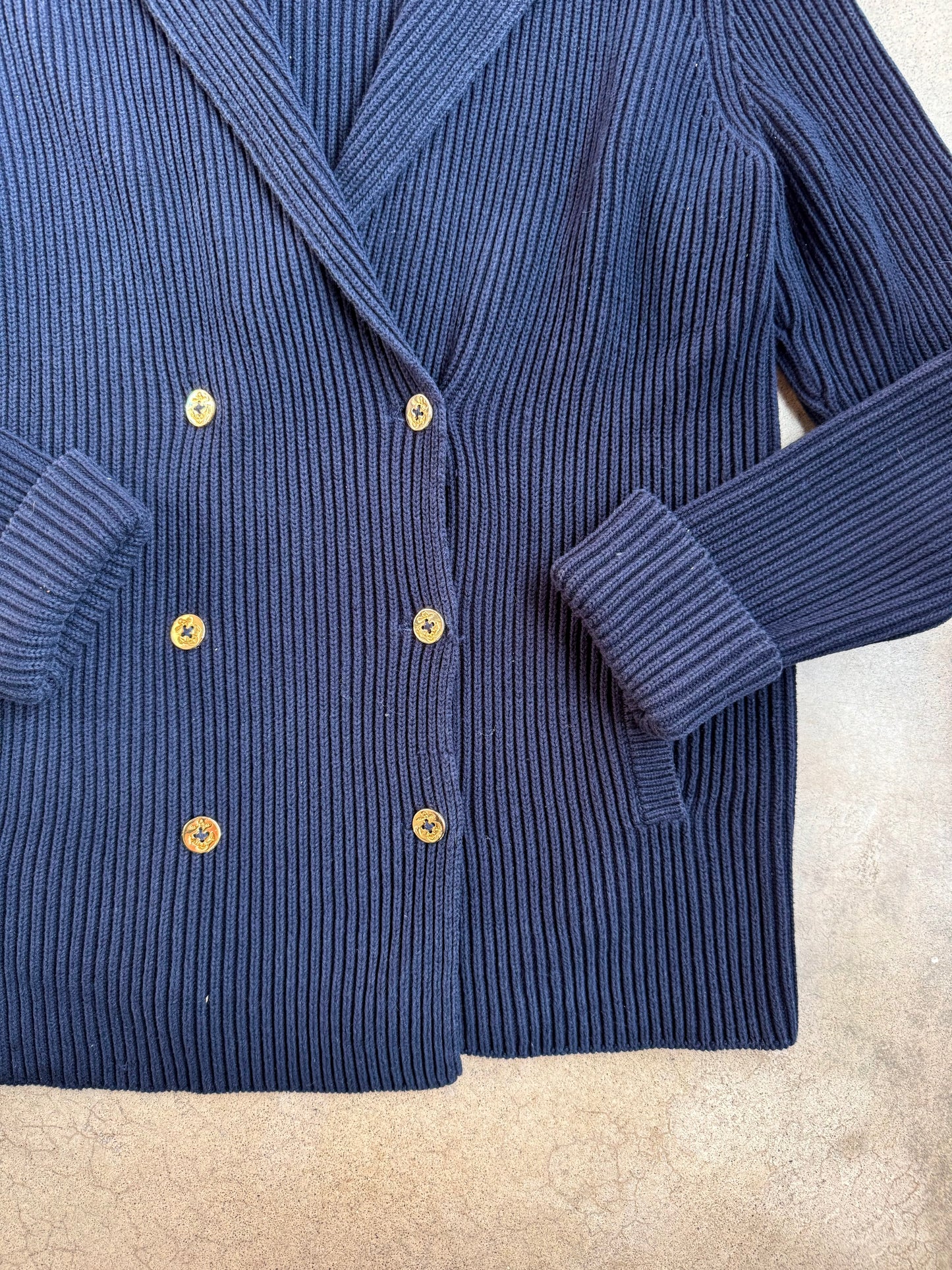 Vintage 1990s Lauren Ralph Lauren Navy 100% Cotton Knit Nautical Cardigan | Medium
