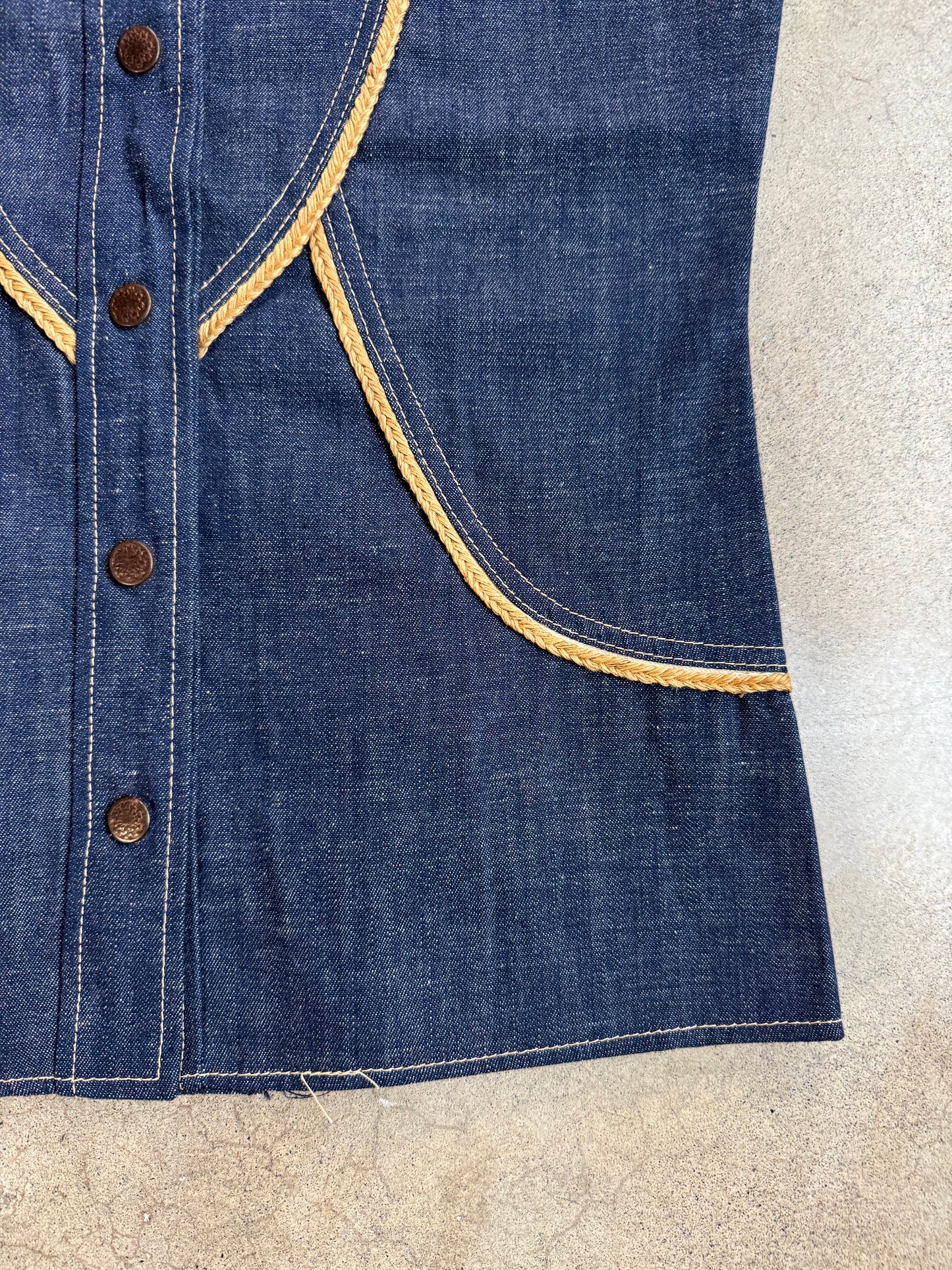 Vintage 1970s Prior Western Braided Trim Denim Vest Top | XS/S