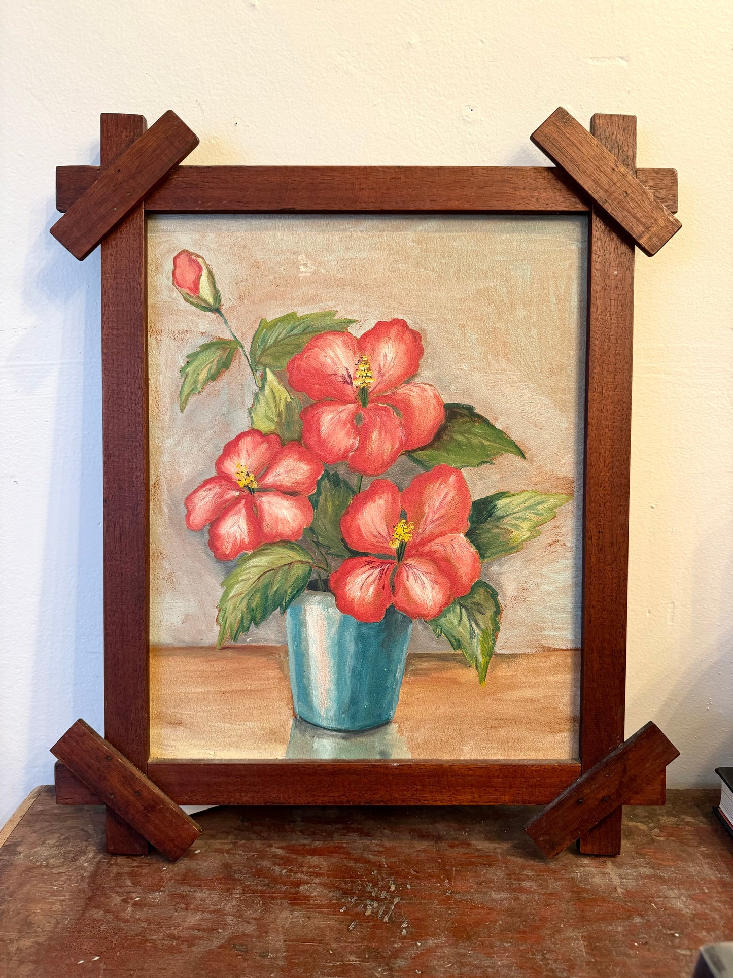 Vintage Wood Framed Floral Oil Painting