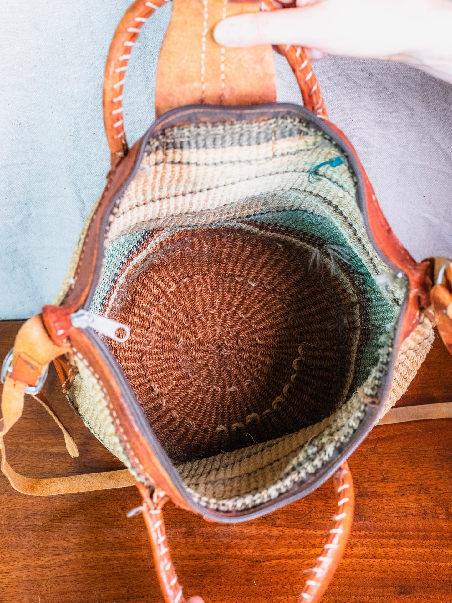 Vintage 1970s/80s Leather & Straw Woven Sisal Crossbody Bag