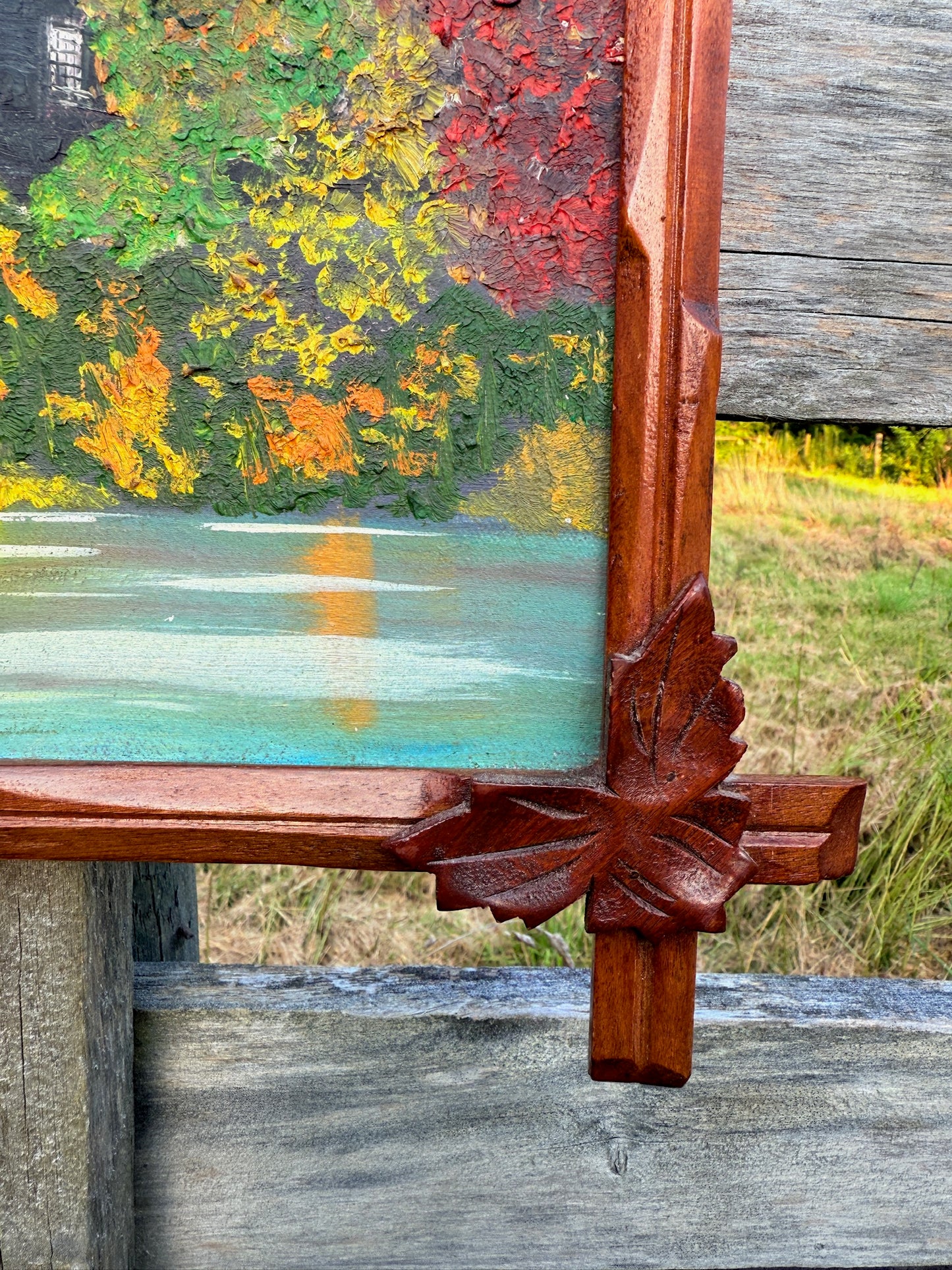 Vintage Framed & Signed Oak Leaf Bordered Watermill Landscape Oil on Canvas