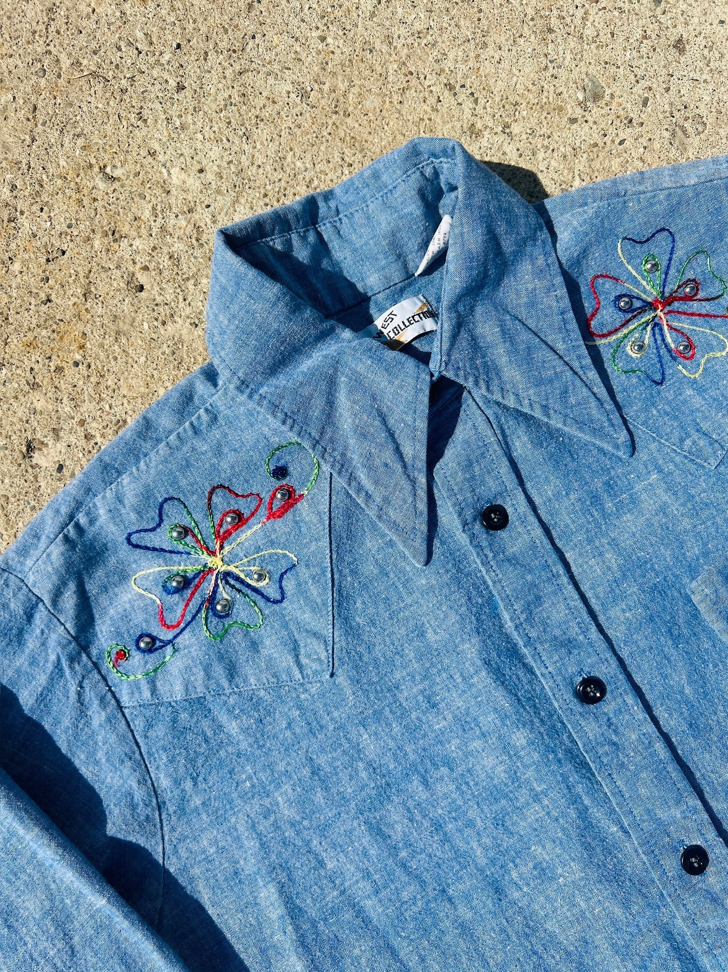 Vintage 1970s One West Collection Embroidered Chambray Button-Up Shirt | Medium