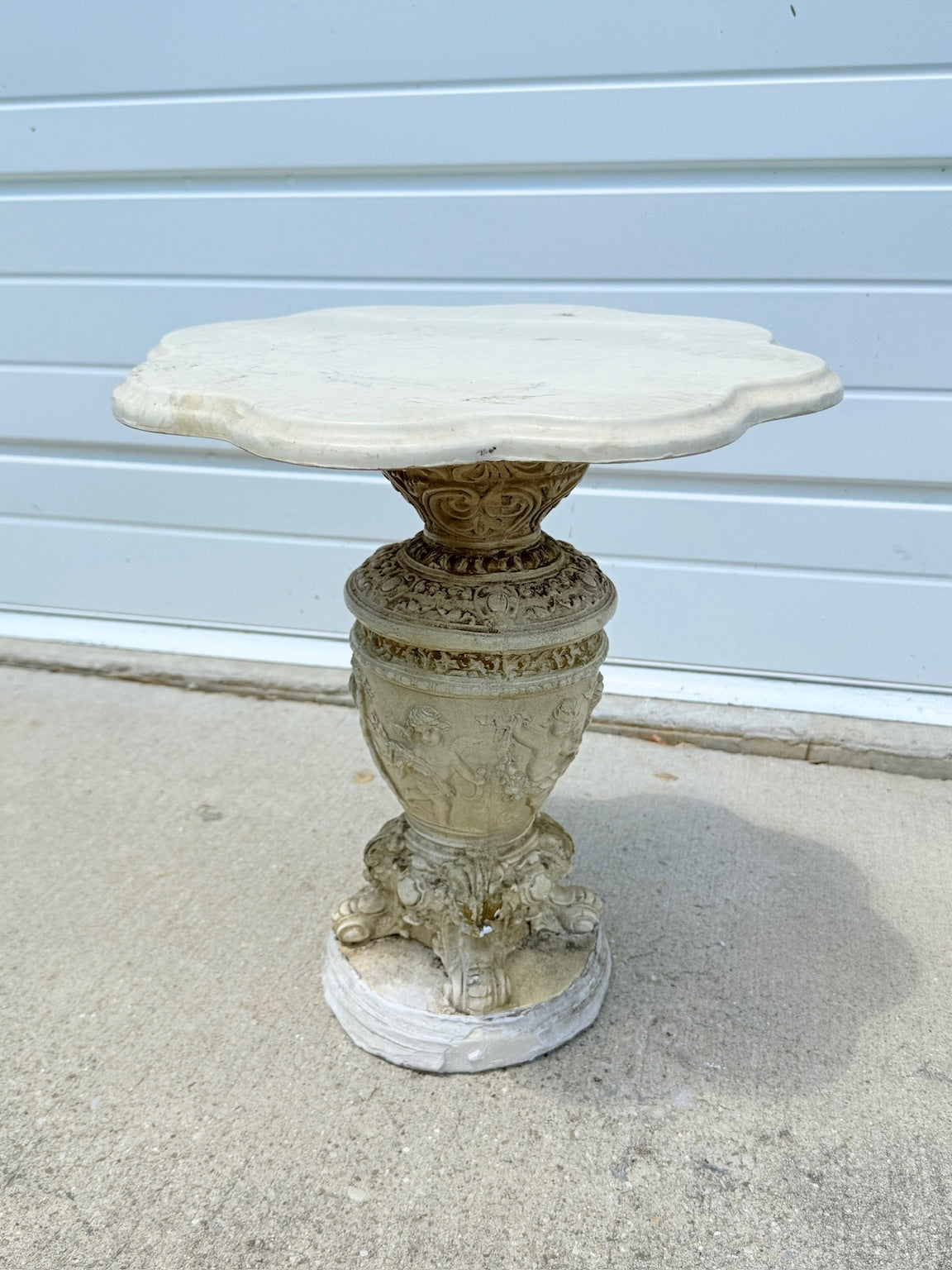Vintage 1950s Baroque Style Marble Top Cherub Plaster Side Table